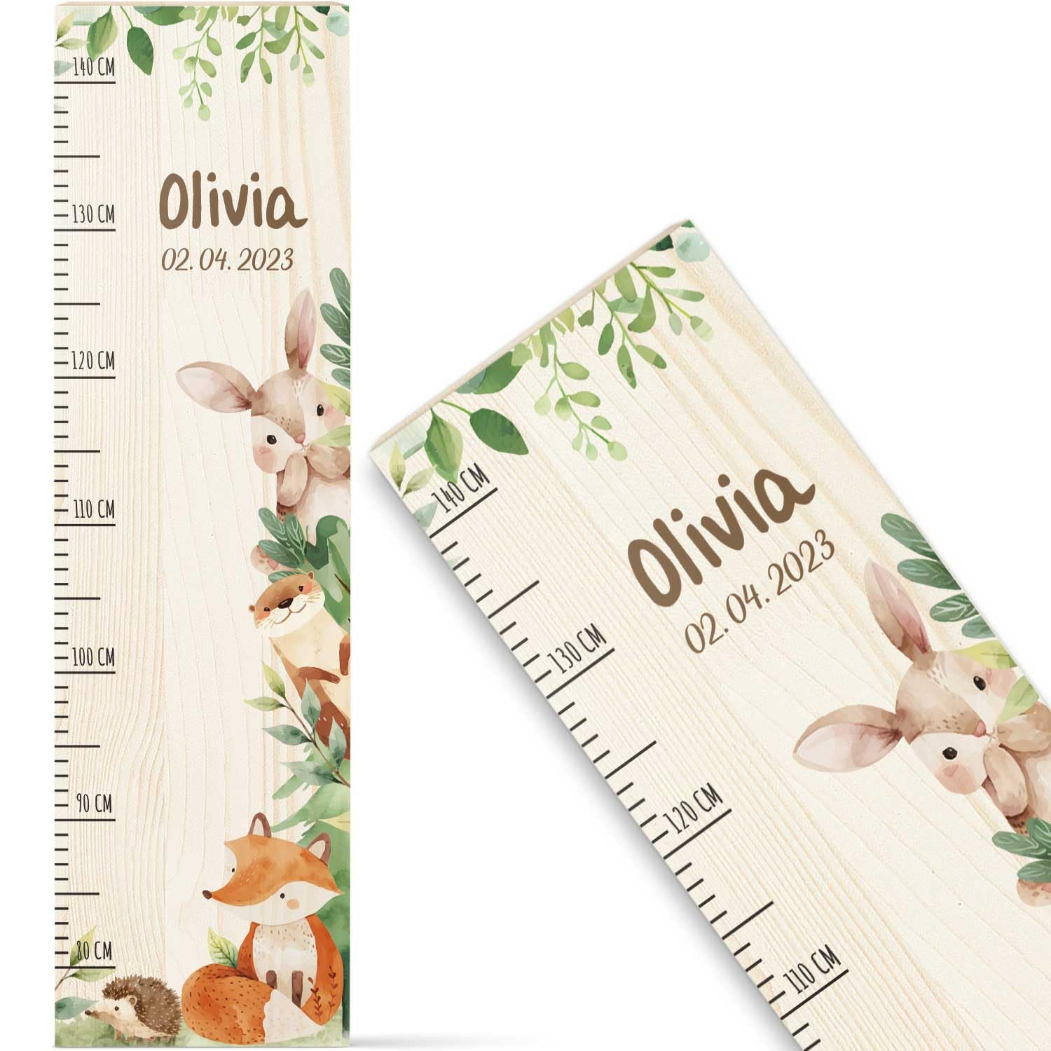 GRAVURZEILE Messlatte für Kinder aus Holz - Waldtiere - Personalisiert mit Namen für Kinderzimmer - Skala misst 80-140 cm - Größe 20 x 70 x 2 cm - Geschenk zur Geburt für Mädchen & Jungen