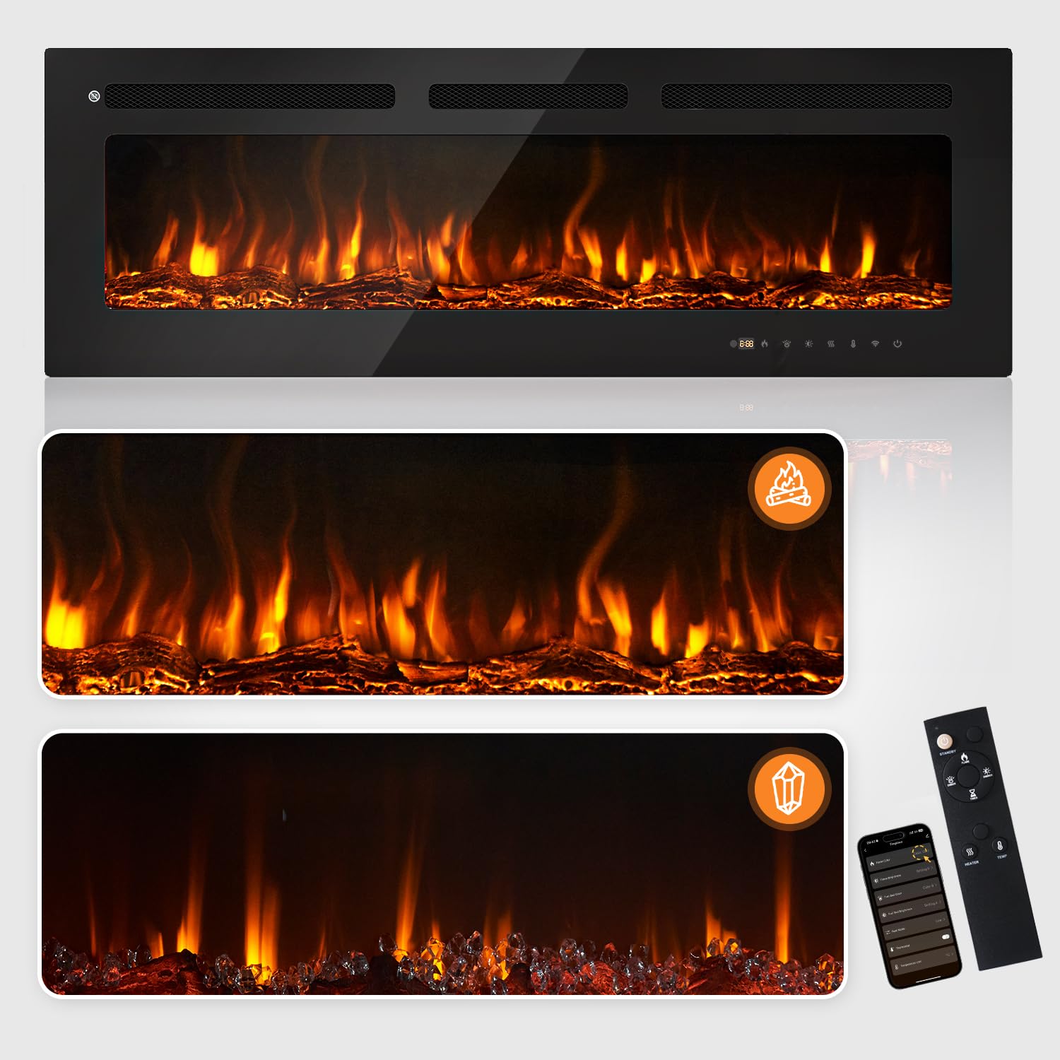 OneBlis 50” Smart Electric Fireplace Heater, Wide Recessed/Wall Mounted Electric Fireplace, Remote Control with Timer, 12 Adjustable Color Flame, Log