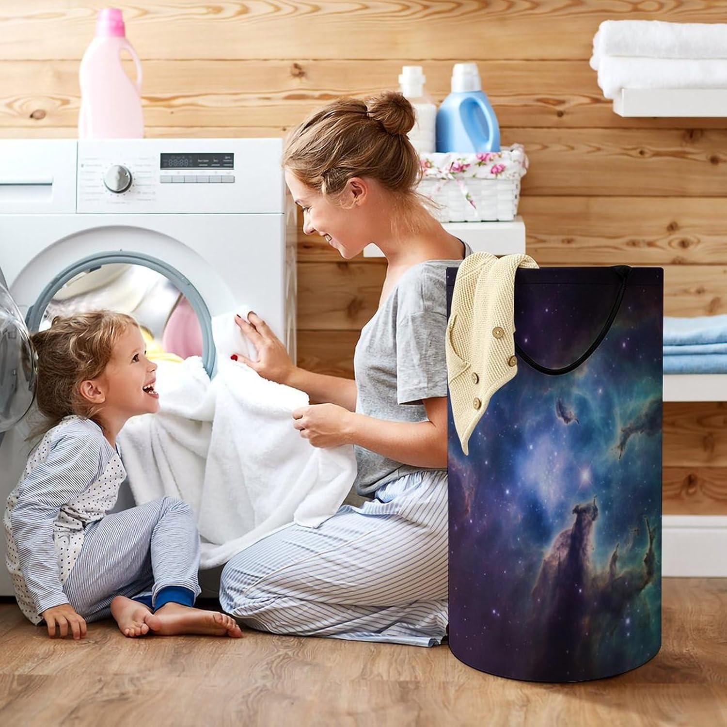 Universe Galaxy Space Laundry Basket Freestanding Laundry Hamper with Handles Waterproof Dirty Clothes Hamper Collapsible Washing Bin Aesthetic Clothes Basket for Bathroom Bedroom Dorm