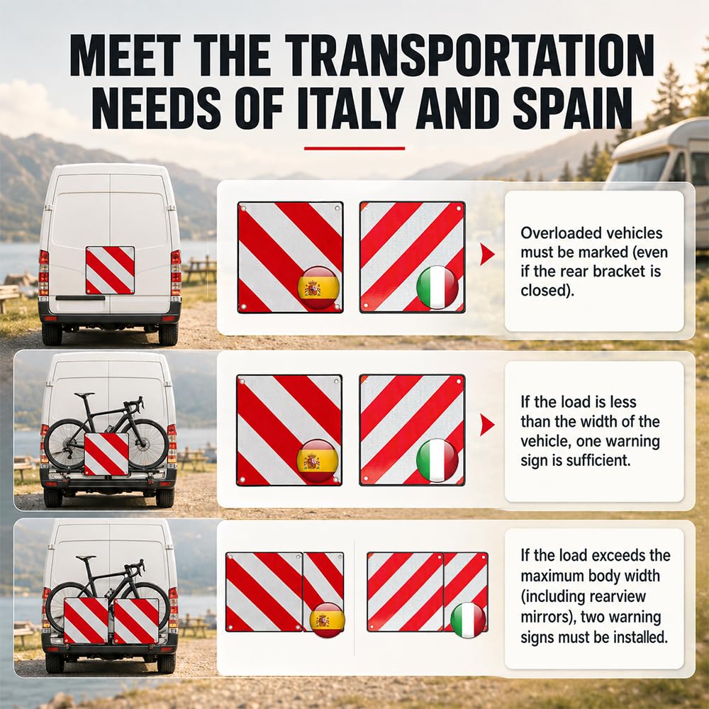 2Pcs Señal de Advertencia, ZMCVOE 2 en 1 Señal Reflectante de Advertencia Italia y España, Placa V20 Homologada para Portabicicletas, Remolques Traseros y Caravanas (50x50cm)