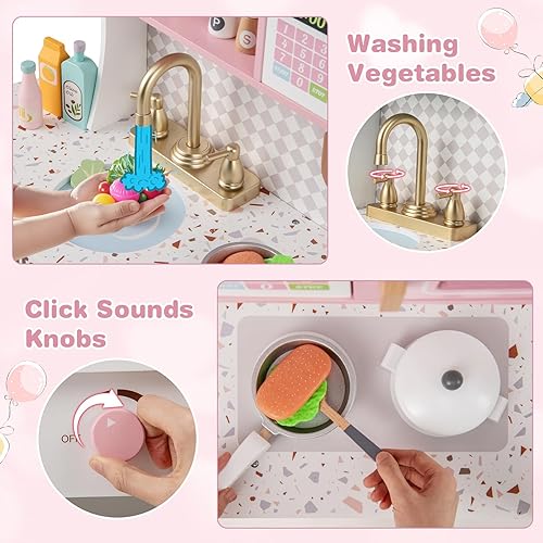 Miniatura 5 de INFANS Juego de cocina para niños, juego de cocina de madera para niños pequeños, juego de juguetes de cocina con cafetera, máquina de hielo,