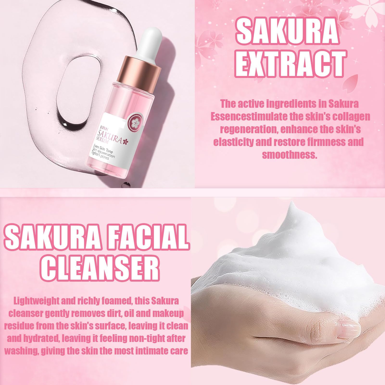 Kit per la Cura della Pelle Sakura 11 Pezzi,Include Fascia skincare, Spazzola per il viso,Pulizia,Crema solare 50,Essenza,Crema,Maschera per la notte (x5),Sakura Skincare Set per Ragazze Donne