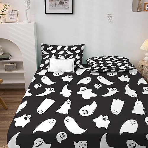 Miniatura 127 de Sábanas de murciélago tamaño individual – Juego de sábanas de Halloween para niños y niñas, juego de sábanas en blanco y negro, microfibra suave