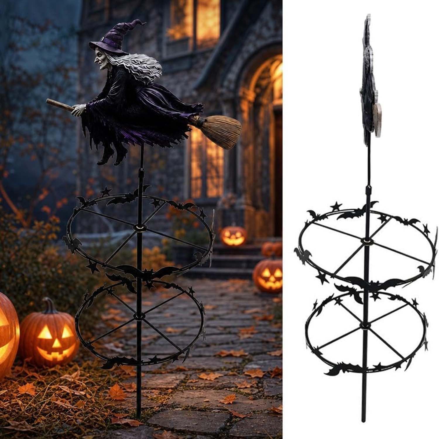 Encantador Molinillo Viento JardíN con Bruja Voladora Y MurciéLago，2 PCS | DecoracióN Halloween Metal Clavar El Suelo,Arte GóTico Exteriores,DecoracióN OtoñAl Para CéSped,Patio O Camino