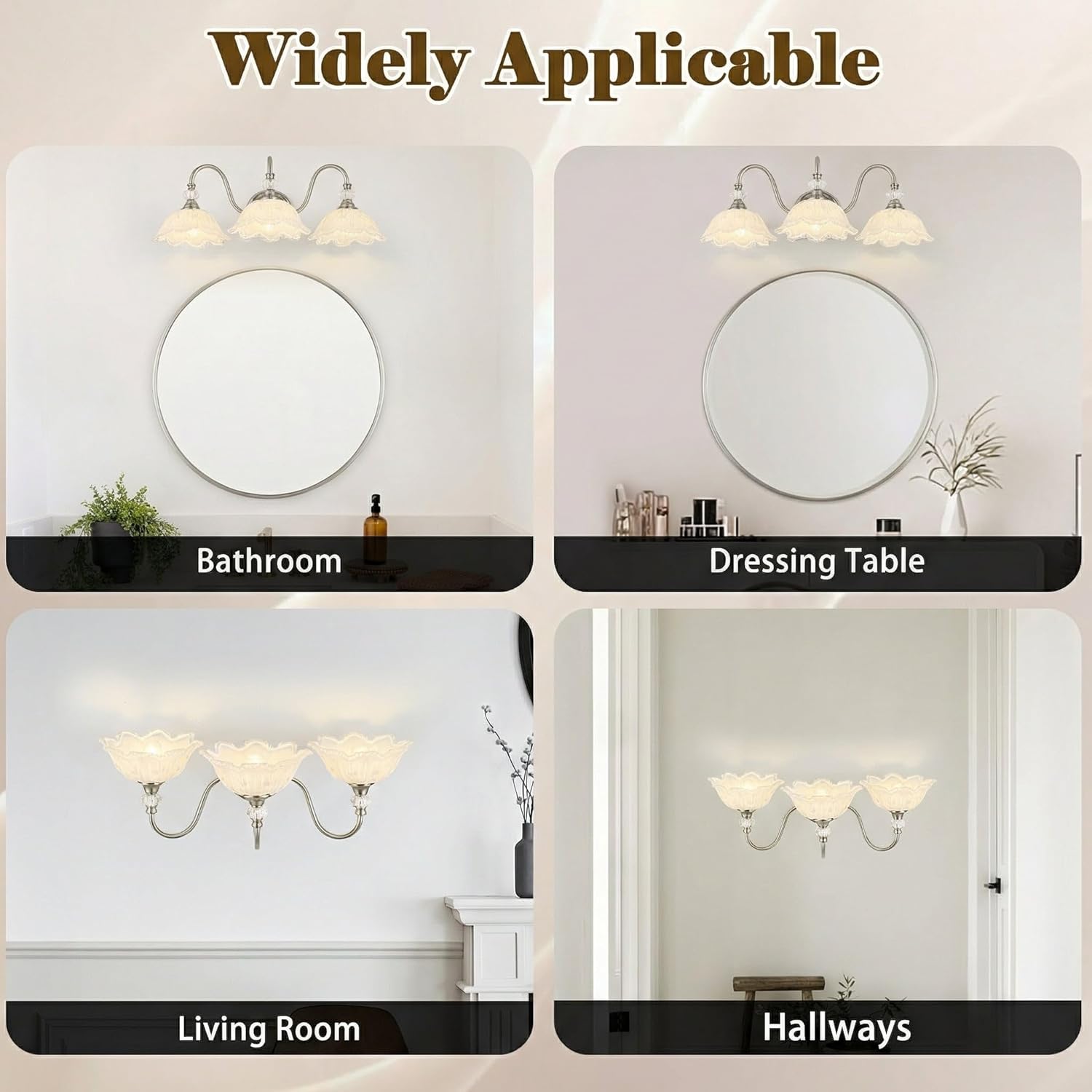 Brushed Nickel 3-Light Bathroom Vanity Light with Floral White Glass Shades, Brushed Nickel Wall Mount Lighting for Bathroom, Dressing Table