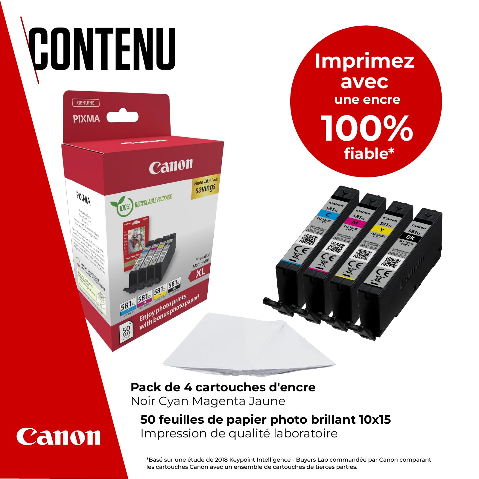 Canon CLI-581XL Lot de 4 Cartouches d'encre Authentiques à Haut rendement (Noir, Cyan, Magenta, Jaune) ; Comprend 50 Feuilles de Papier Photo 10 x 15 cm – Multipack en Carton