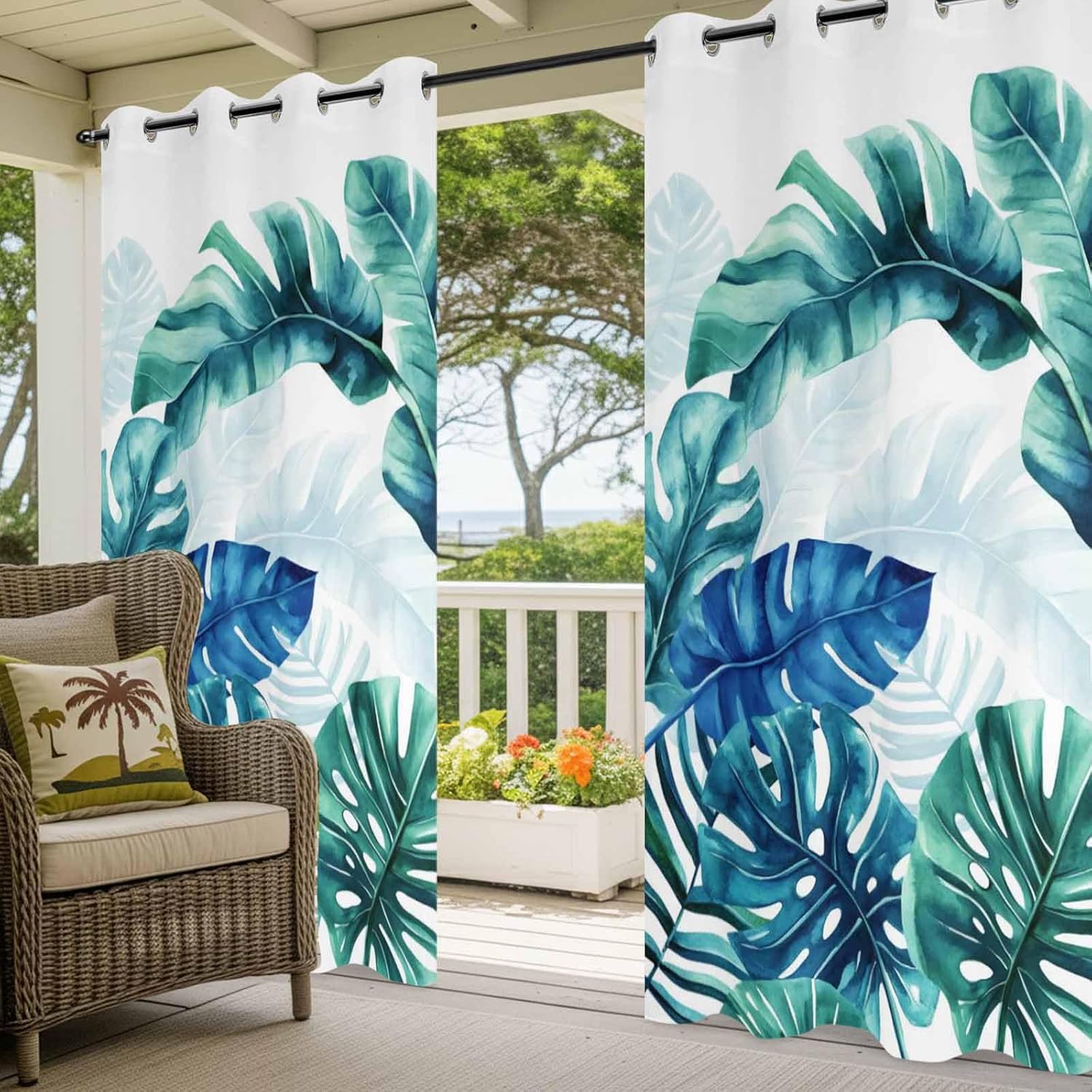 Outdoor Curtains for Patio Rustic Tropical Blue Green Leaf Waterproof Outside Curtain Grommet Drapes Summer Plant Blackout Curtains for Porch Gazebo Pergola Cabana,2 Panel,54"x95"
