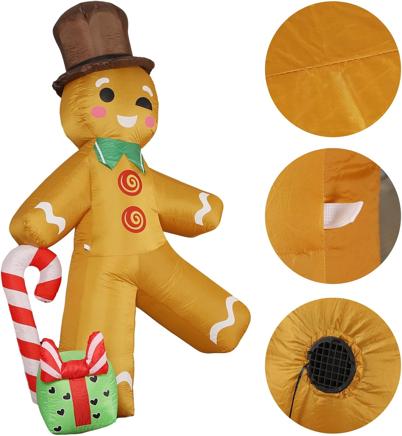 Christmas Inflatable Gingerbread Man with Top Hat, Lighted Gingerbread Man Decoration with Candy Cane & Gift Box, Outdoor Indoor Holiday Blow Up Decor for Yard Lawn Garden - Image 5