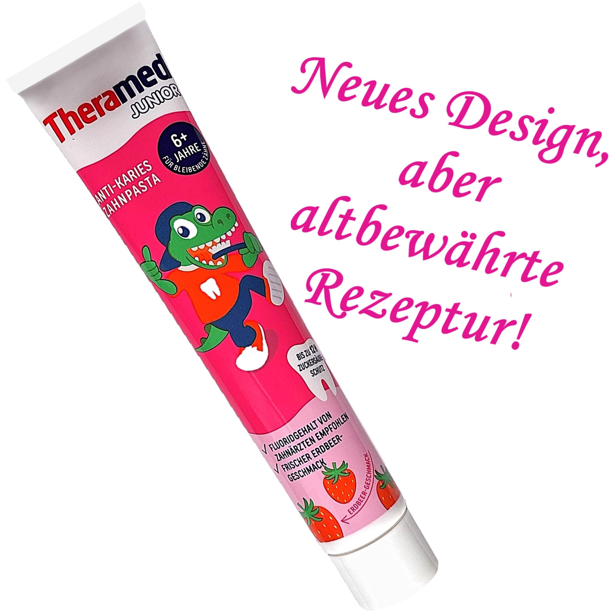 Thera-Med Junior Erdbeere ֍ 12 x 75 ml ֍ Kinder-Zahnpasta ab 6 Jahren ► ohne Minze & Menthol ◄ Junior Zahncreme Erdbeer-Geschmack +1 Gratis Radierer von ManyMore*