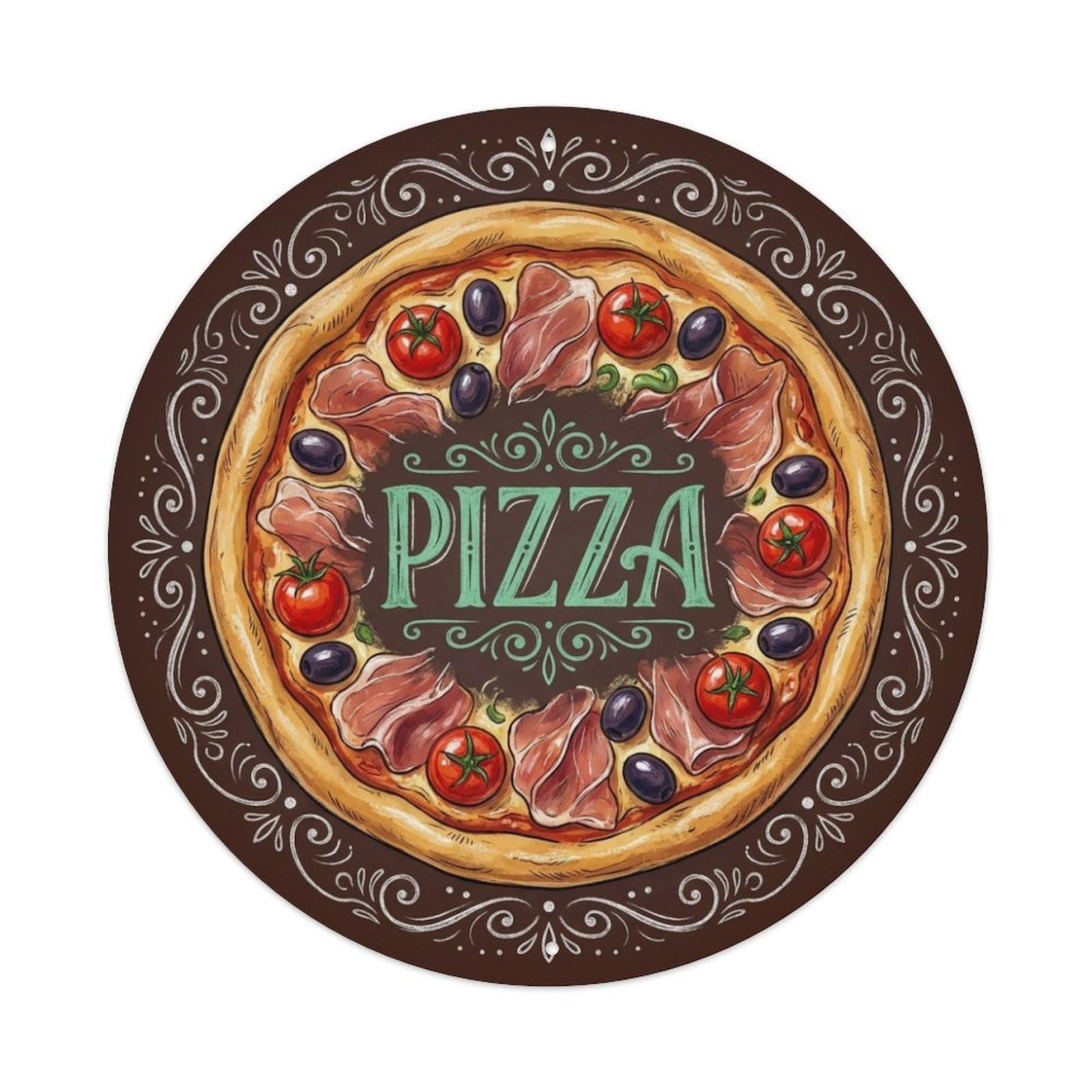 Prosciutto Tomato Olive Pizza Food Illustration Metal Tin Sign