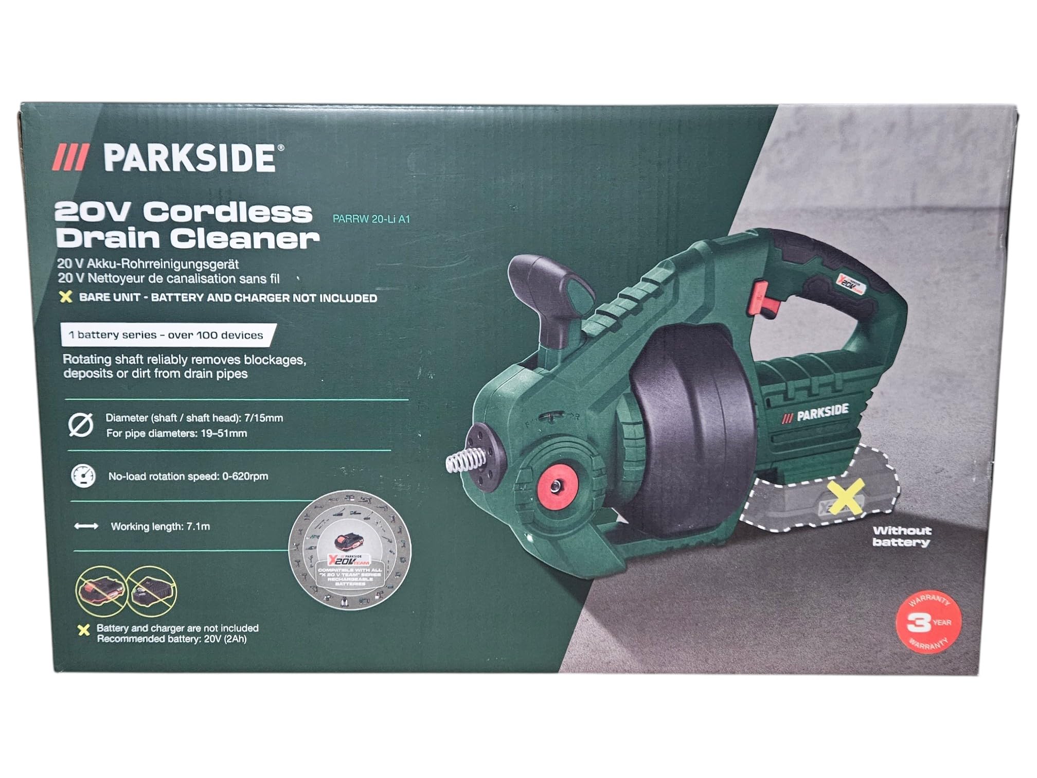 Parkside® Parrw 20-Li A1 Arbre de nettoyage de canalisations sans batterie ni chargeur, spirale, spirale de nettoyage 20 V