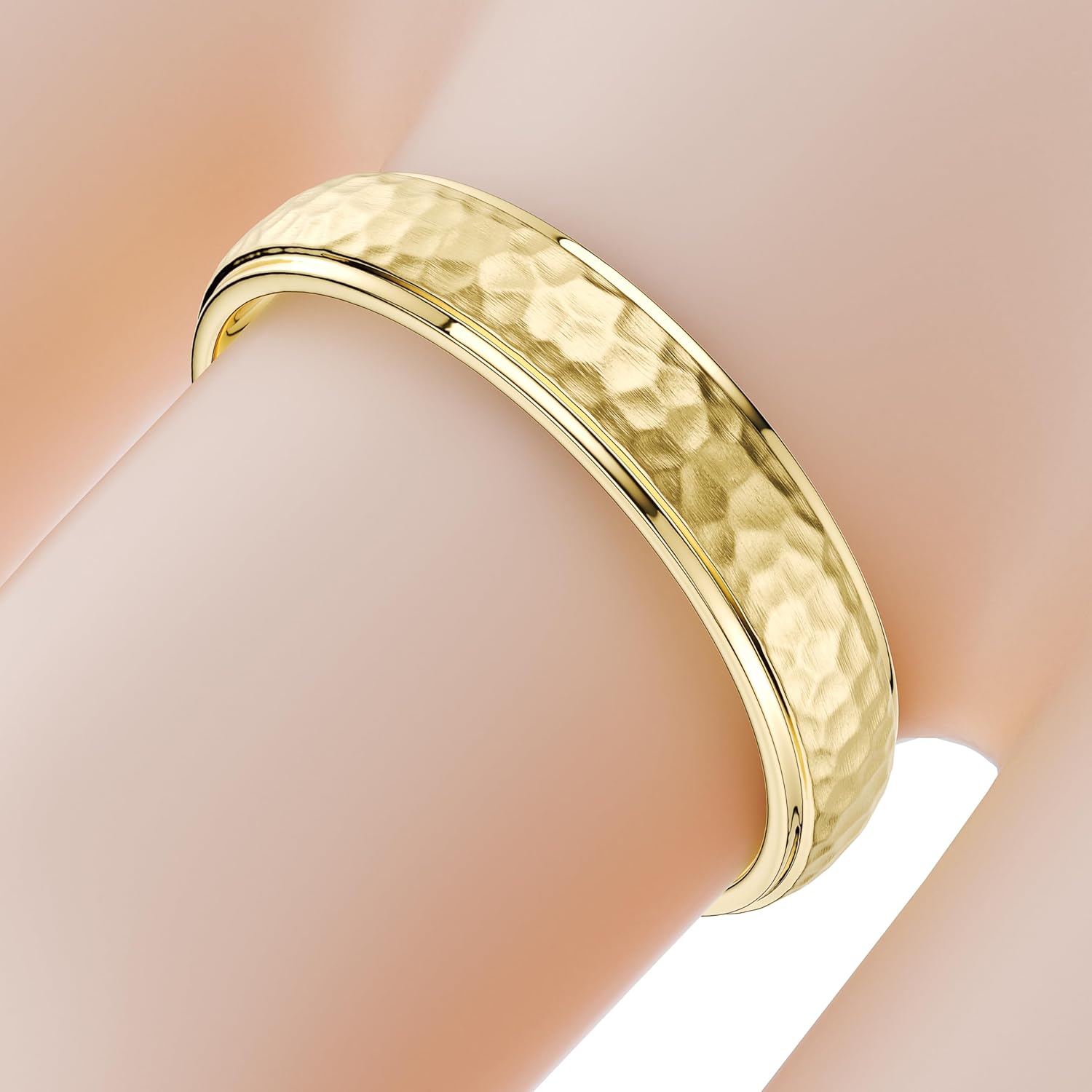 THELANDA Hammered Solid 14K / 10K White/Yellow Gold Unisex 4mm Wide Wedding Band Ring Raised Center Polished Sides