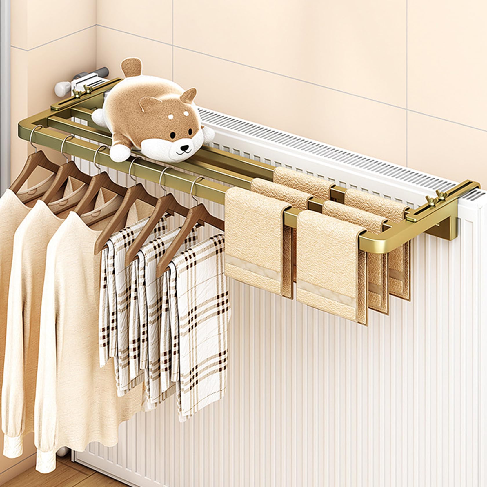 3-Stangen-Heizkörper-Wäscheständer – Einstellbarer Wandabstand 1–16 cm, Hochleistungs-Handtuchtrockner aus Karbonstahl, 50 kg Tragkraft, Gold-Finish, 40 cm (15,7 Zoll)
