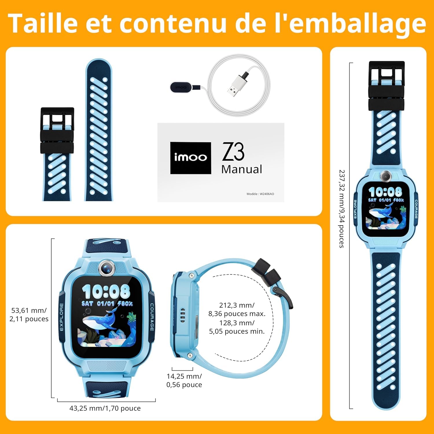 imoo Watch Phone, Montre connectée 4G pour Enfants avec appels vidéo HD, Suivi GPS en Temps réel, Étanchéité IPX8 (Z3, Bleu)