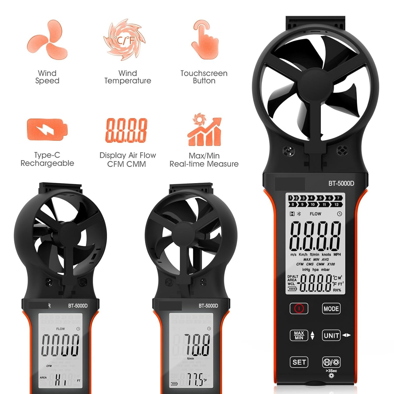 Handheld Anemometer,CFM Wind Speed Meter,HVAC Rotatable Wind Air Flow Velocity Wind Volume,Rechargeable Gauge,BT-5000D