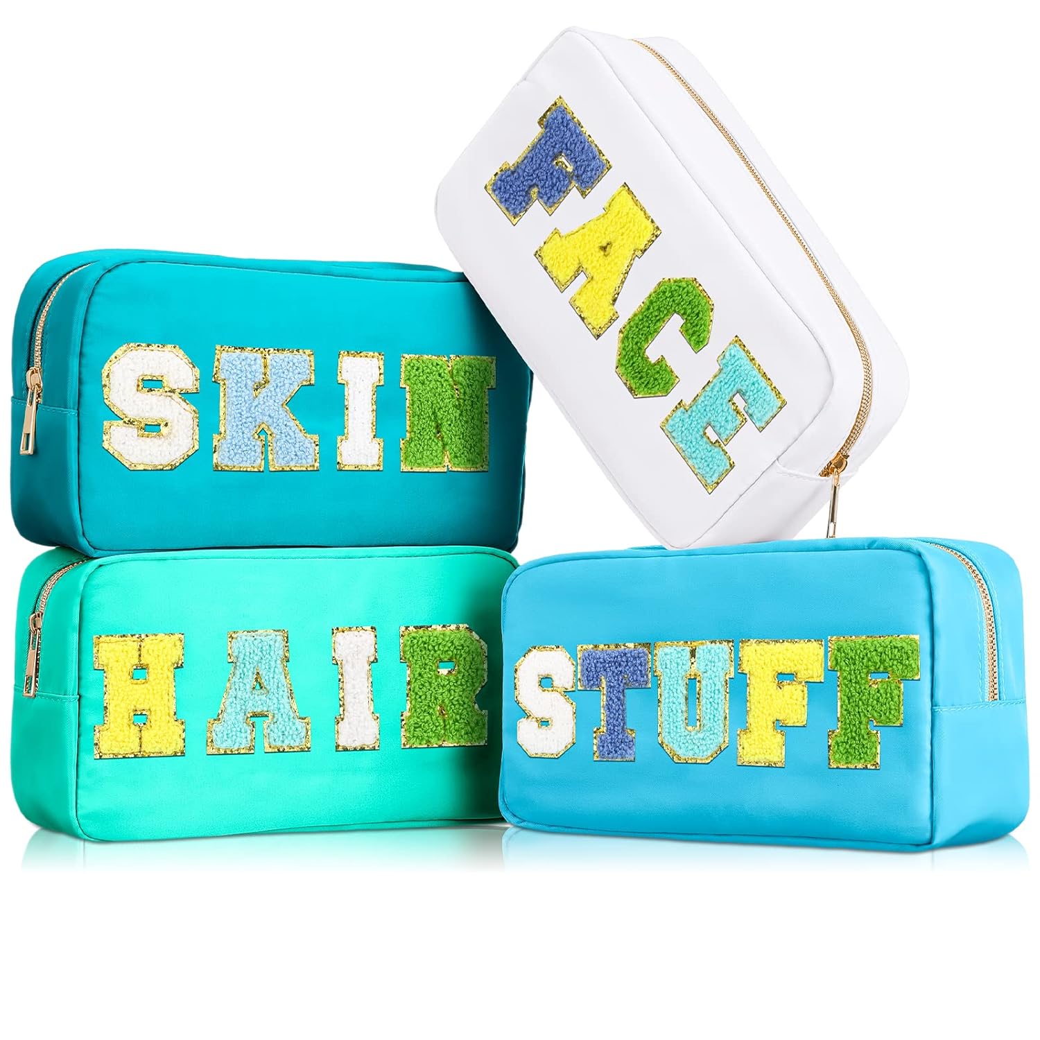 4 Pcs Preppy Makeup Bag Chenille Letter Nylon Cosmetic Bag Makeup Organizer Bag Toiletry Cosmetic Case Preppy Bag with Zipper Stuff Bag Cosmetic Pouch Makeup Pouch for Women Teen Girl, Bright Colors