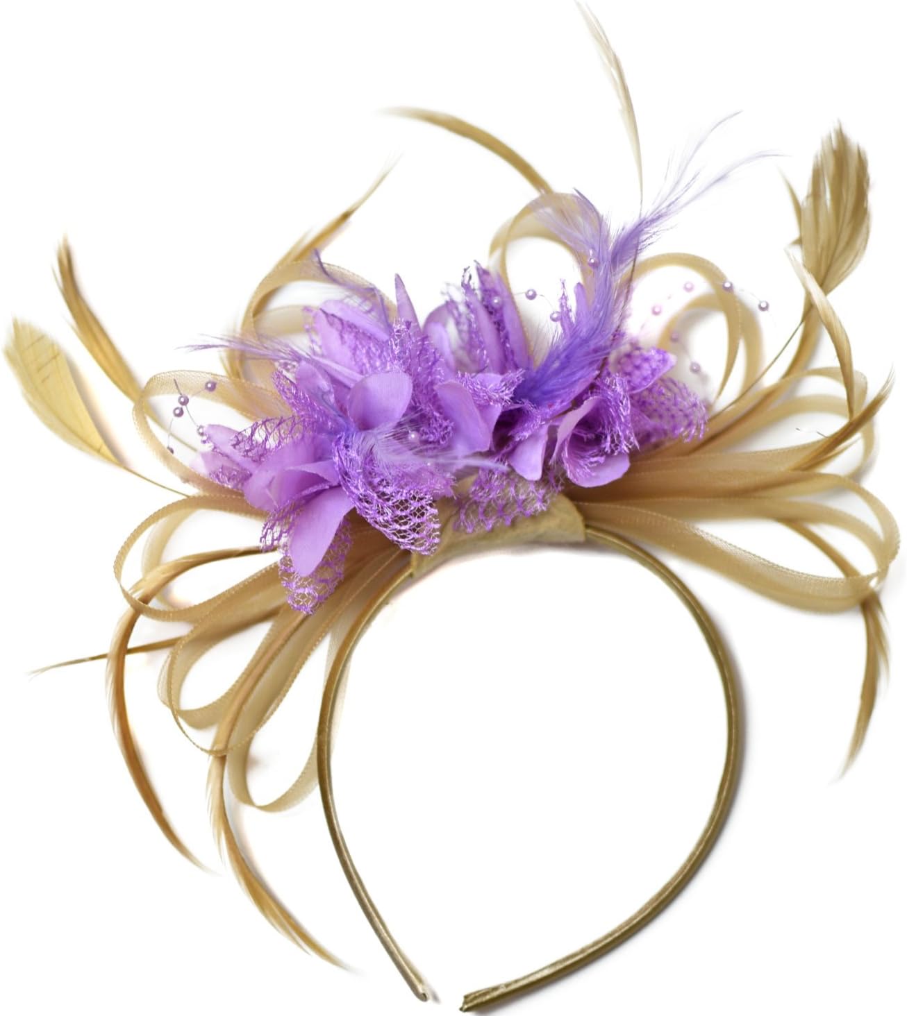 CapriliteChampagne Gold Beige Camel and Lilac Purple Fascinator on Headband Alice Band UK Wedding Ascot Races Derby