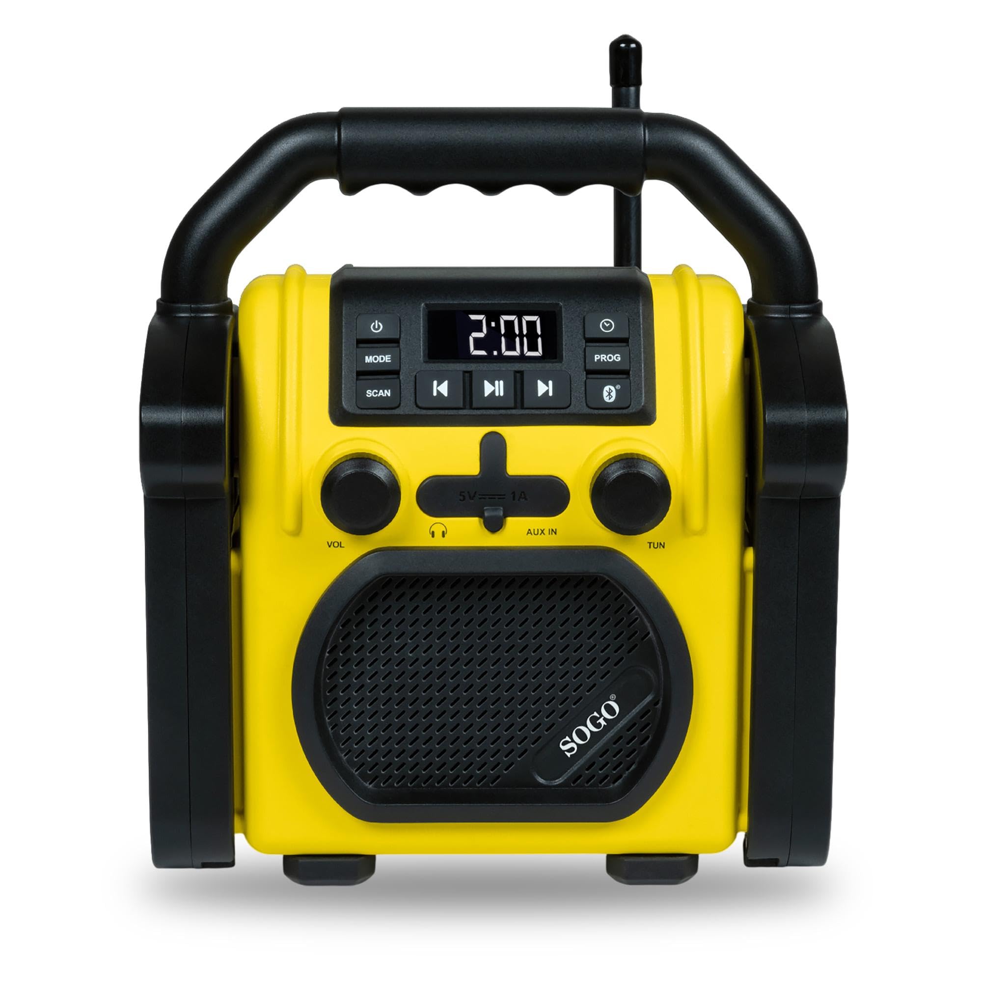 Radio Portátil Recargable para Construcción 9W – Radio de Obra Resistente con Bluetooth, FM, USB, Batería Recargable, Asa de Transporte y Protección Antigolpes