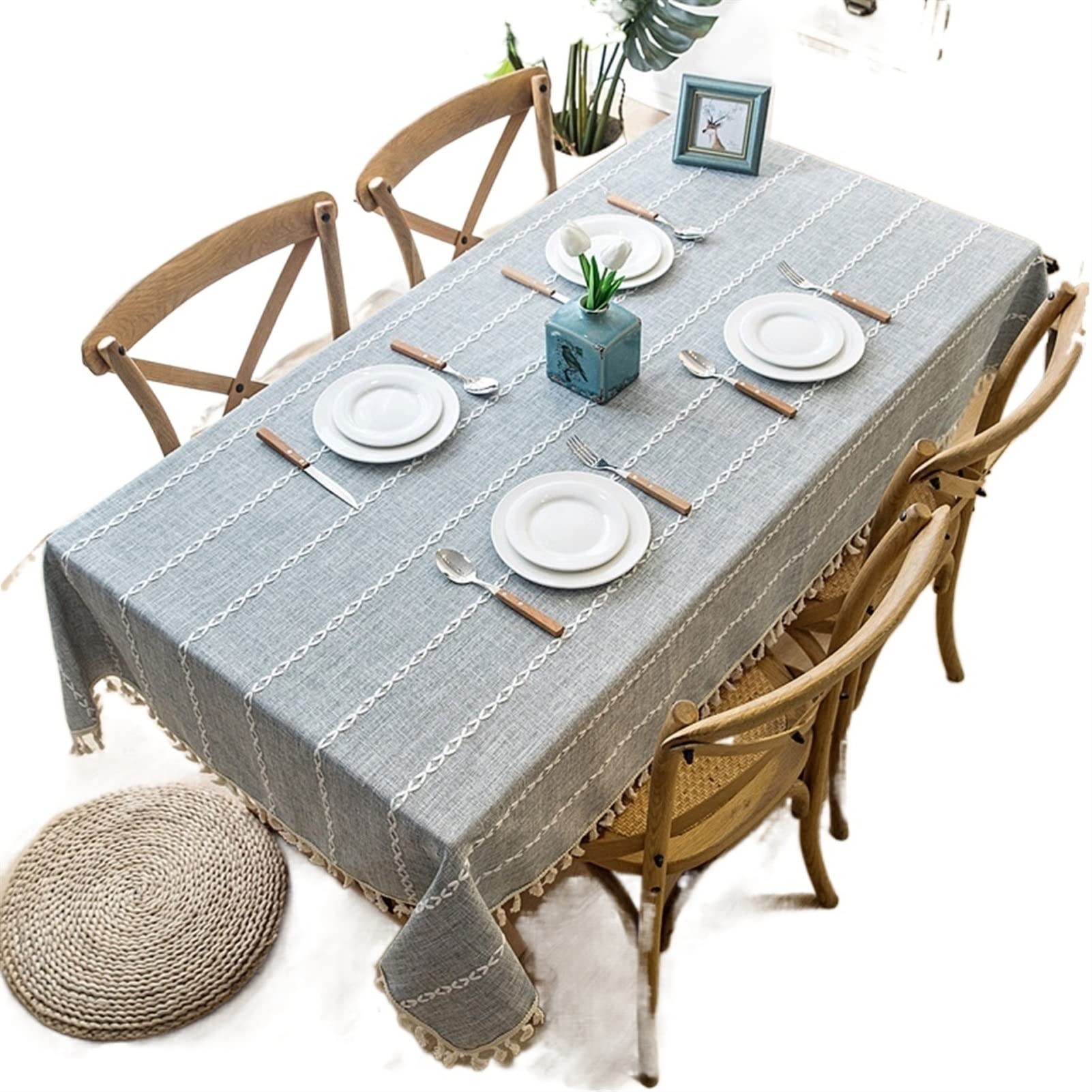 JINGYAN Tablecloths Solid Decorative Linen Tablecloth With Tassel Waterproof Thicken Rectangular Wedding Dining Table Cover Tea Cloth(Grau,140x220cm)