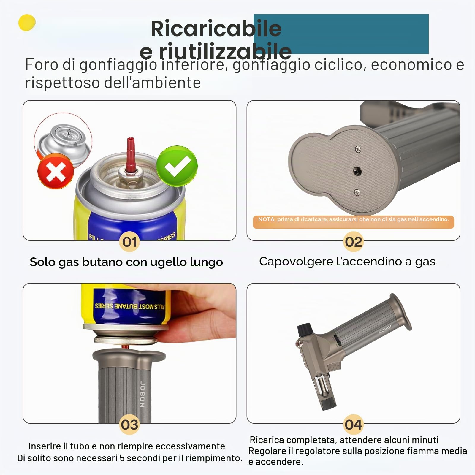 Tutto in metallo, bruciatore professionale da cucina con blocco di sicurezza, fiamma multiuso ricaricabile regolabile, per barbecue all'aperto, cottura