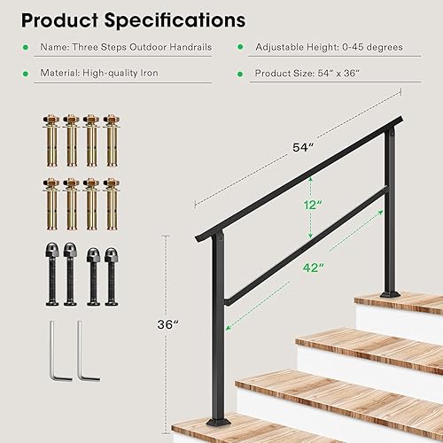 Miniatura 2 de VIVOSUN Pasamanos para exteriores, pasamanos de escalera de 4 escalones, 54 x 36 pulgadas, se adapta de 1 a 4 escalones, pasamanos de hierro mate