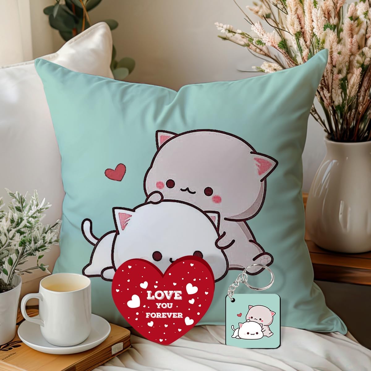 SKYTRENDS Peach and Goma Mochi Cat Pillow Cushion, Gifts for Boyfriend, Girlfriend, Valentines Gift for Girlfriend, Valentine Pillow for Couple | Peach Goma 12x12 Pillow, Keychain and Card-02