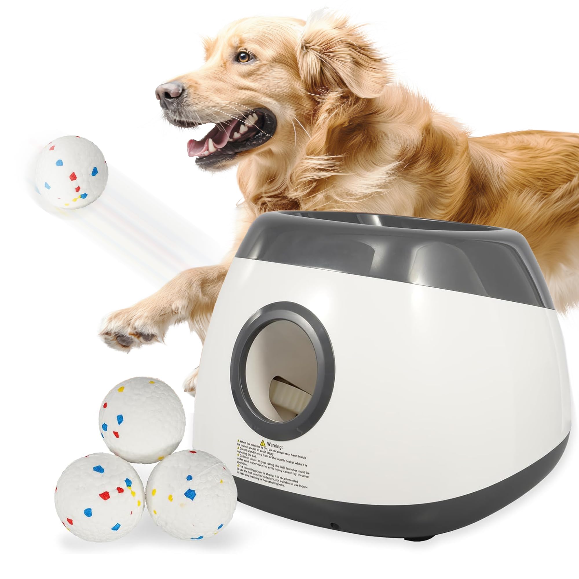 Elevon Dog Ball Thrower Launcher, Automatic Ball Launcher for Large Dogs, Interactive Dog Toy with Three Ranges, Includes 3 ETPU Balls and a Data Line, Suitable for Large Dogs, Gray/White