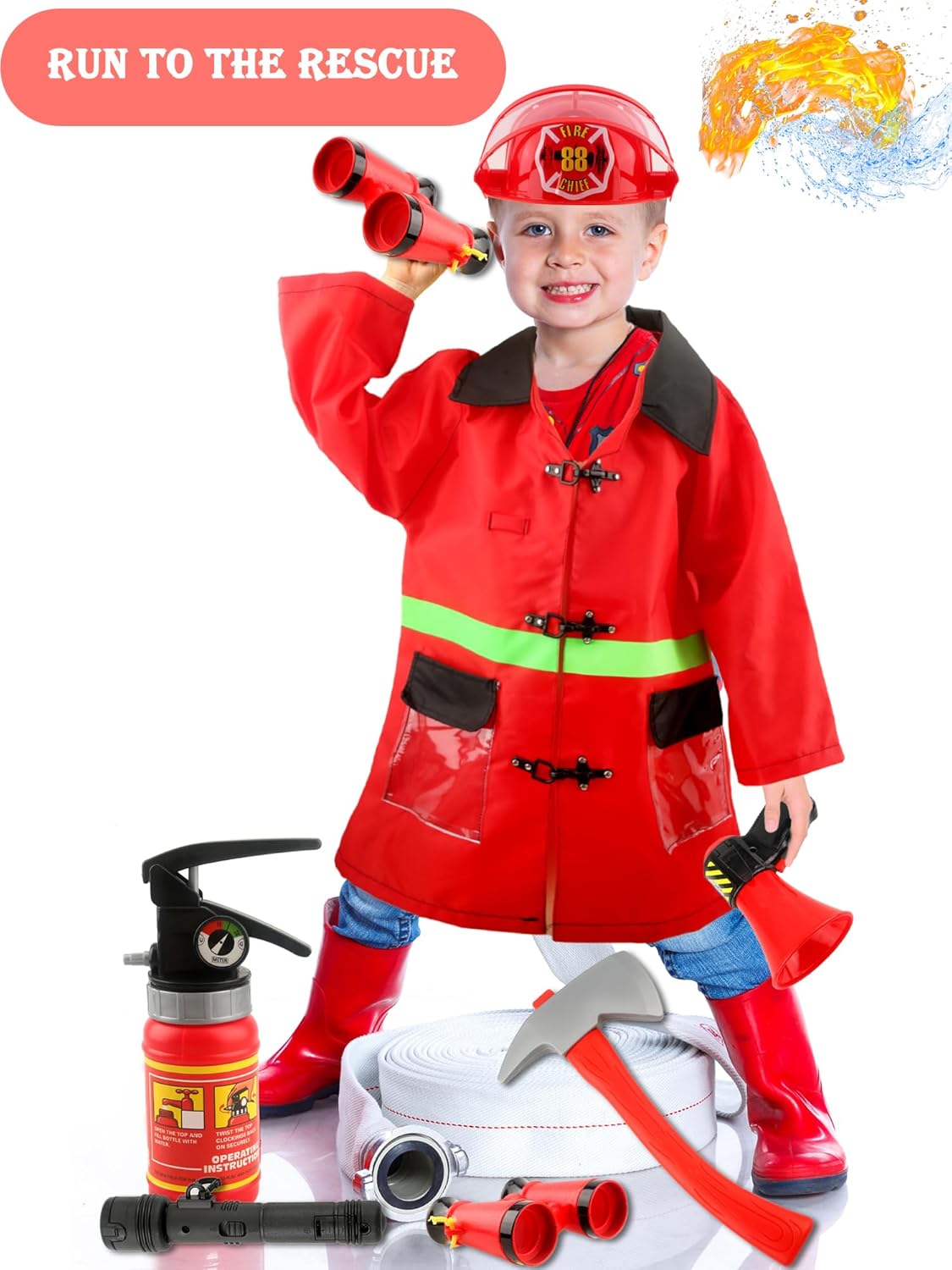 11 Pcs Child Fireman Costume Fire Fighter Role Play Toy Fireman Cosplay Dress Up Equipment Kit for Kids Halloween Party Favor Pretend Play