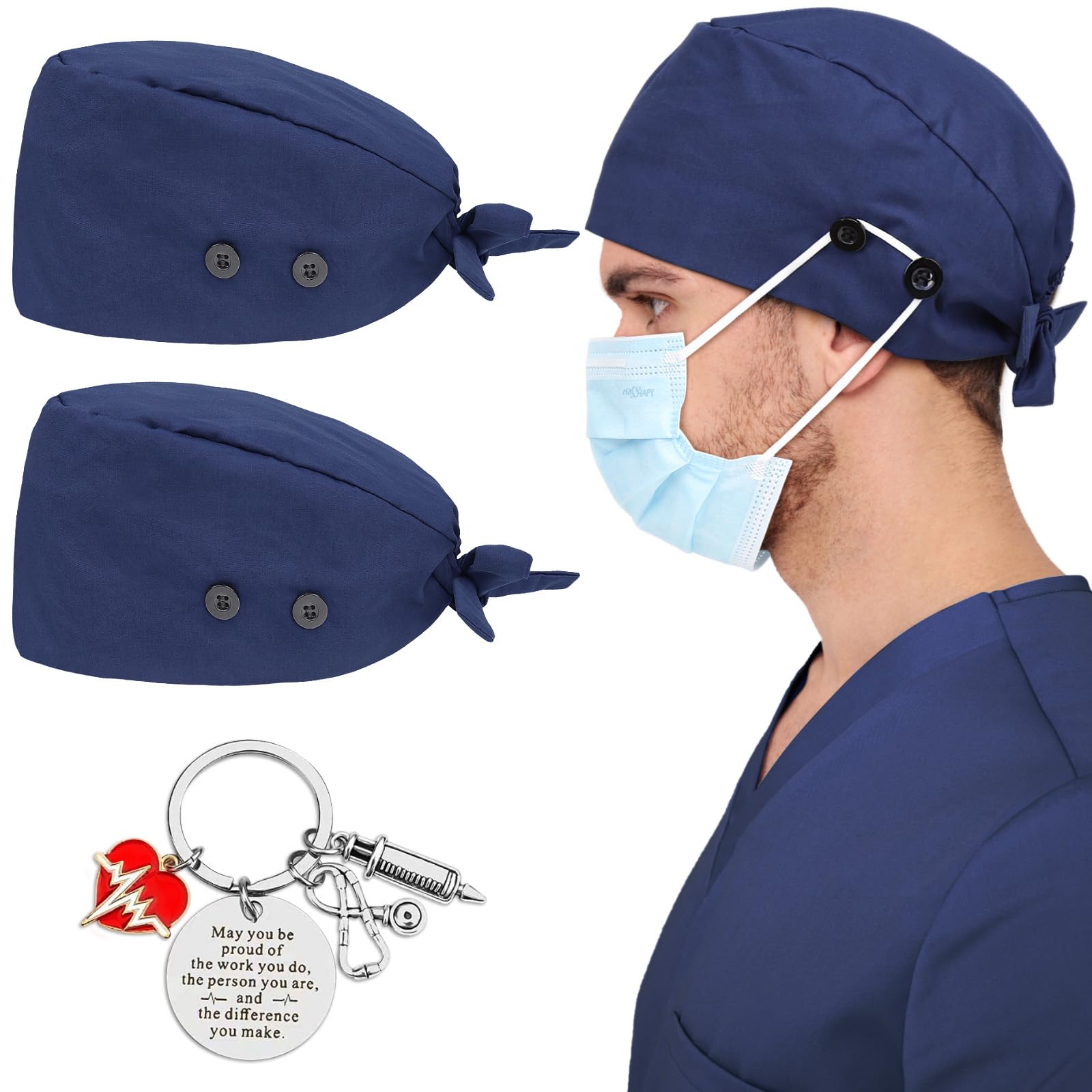 2 Pcs Satin Lined Scrub Cap Nurse Hats for Women Men 4 Buttons