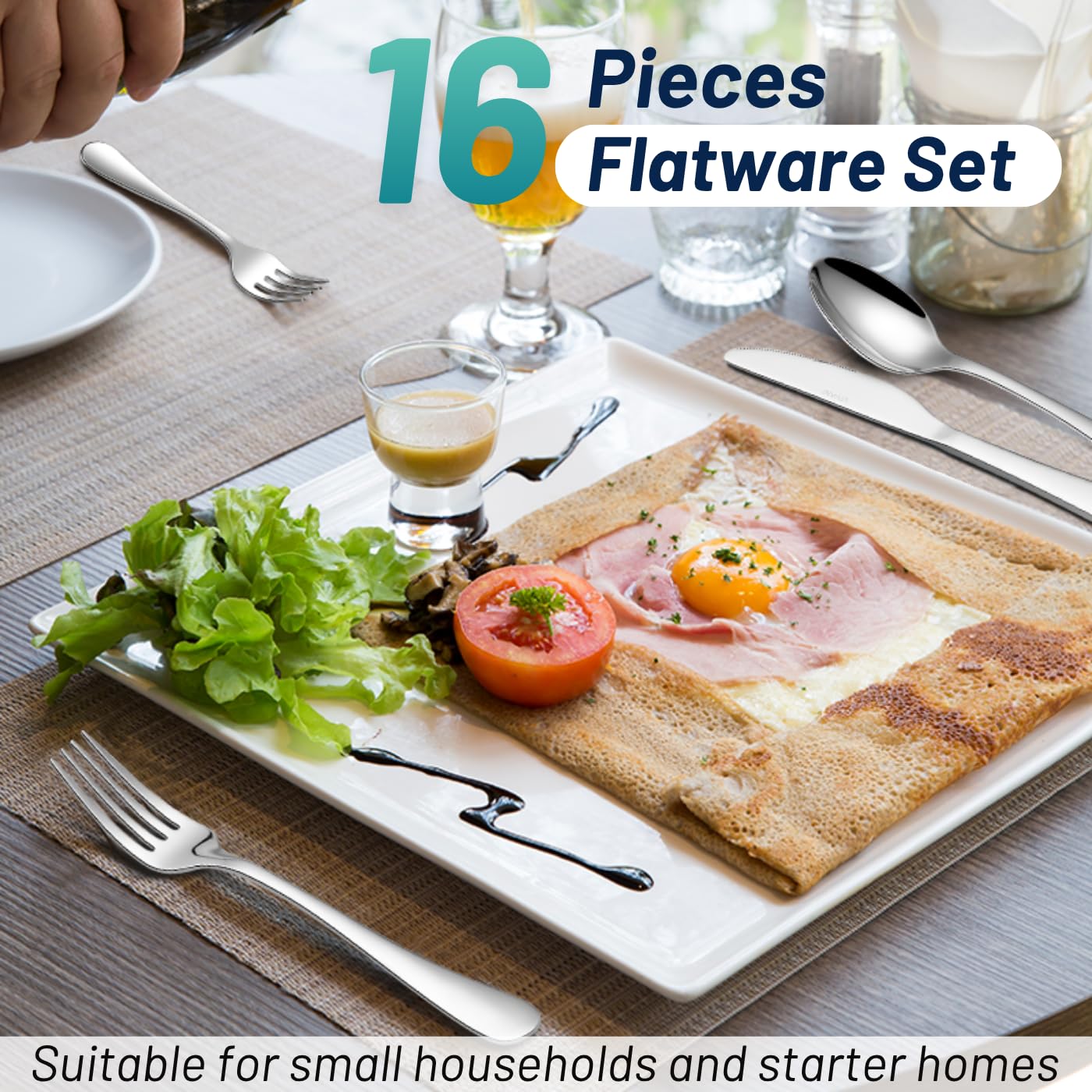 V002 - Pack Juego de cubiertos de acero inoxidable de VIVANI para 4 piezas, Set utensilios de vajilla para bodas, fiestas, hogar, cocina, restaurante, hotel, acabado espejo, apto para lavavajillas