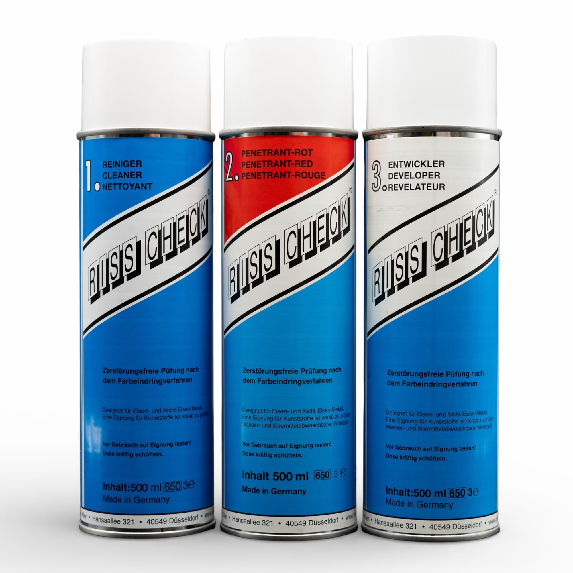 Kit control de grietas 3×500 ml – Spray limpiador grietas, spray detector rojo, spray contraste blanco – Ensayo no destructivo según norma DIN EN ISO 3452-2