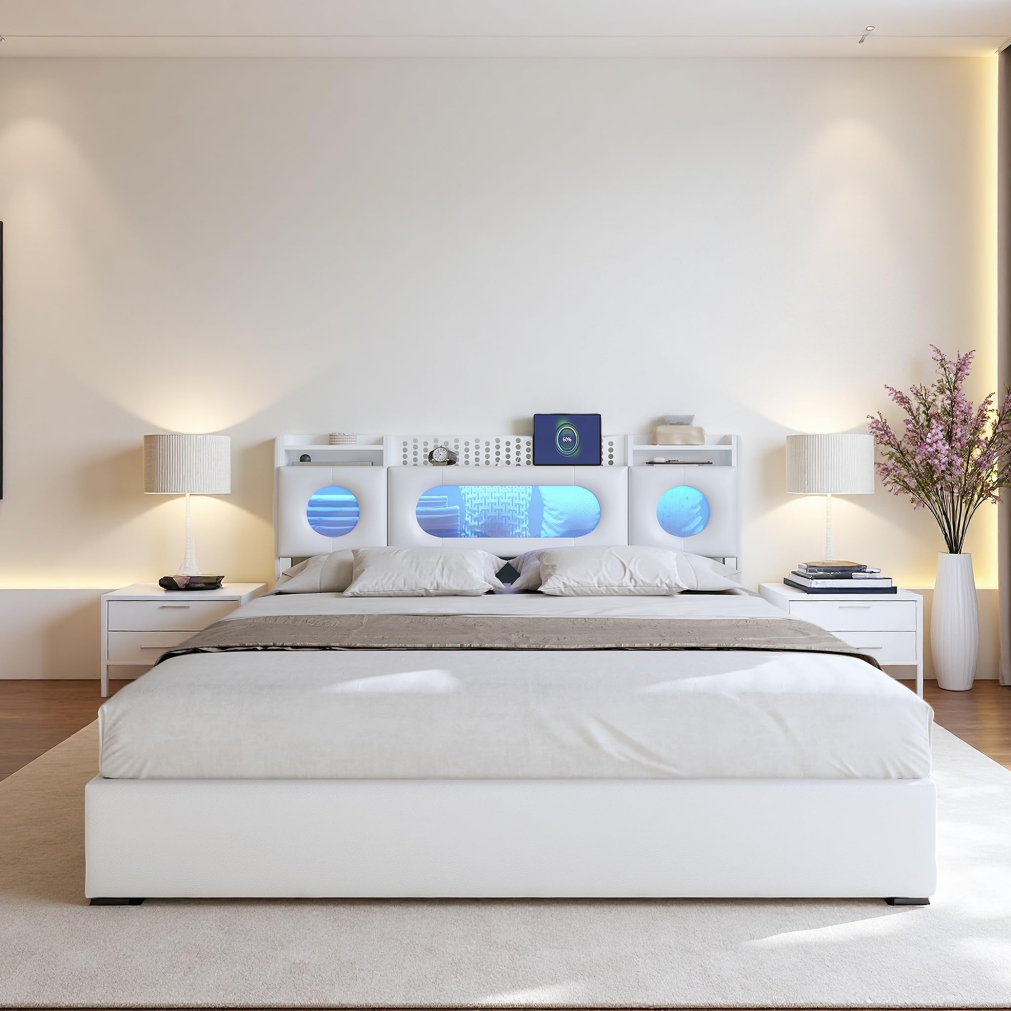 KeepGoon Cama de Matrimonio de 140 x 200 cm, de Poliuretano, con cabecero abatible, Tira de luz LED e interfaces USB y Type-C con somier de láminas y función de Almacenamiento