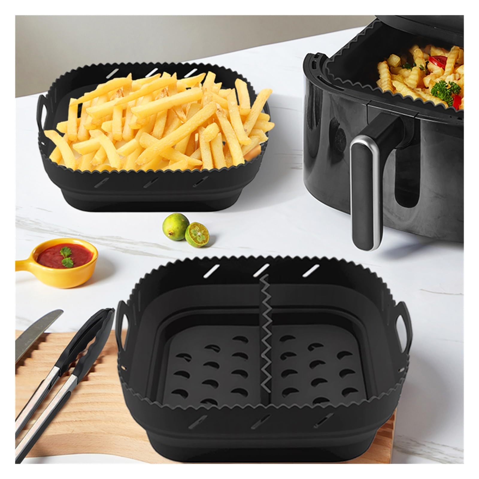Revestimiento cuadrado de silicona for freidora de aire con divisor | Antiadherente, fácil de limpiar, apto for lavavajillas, elevador de alimentos, resistente a altas temperaturas(Black)