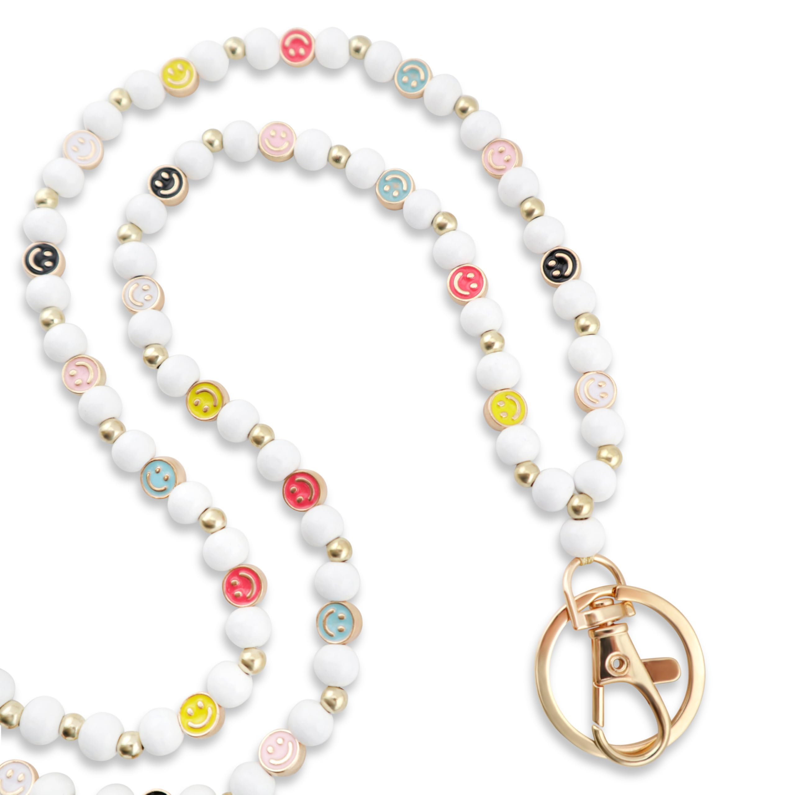 MyfavoriteK Smile Teacher Lanyard for Women ID Badges and Keychain Cute Happy Wood and Metal Beaded Lanyard Badge Holder