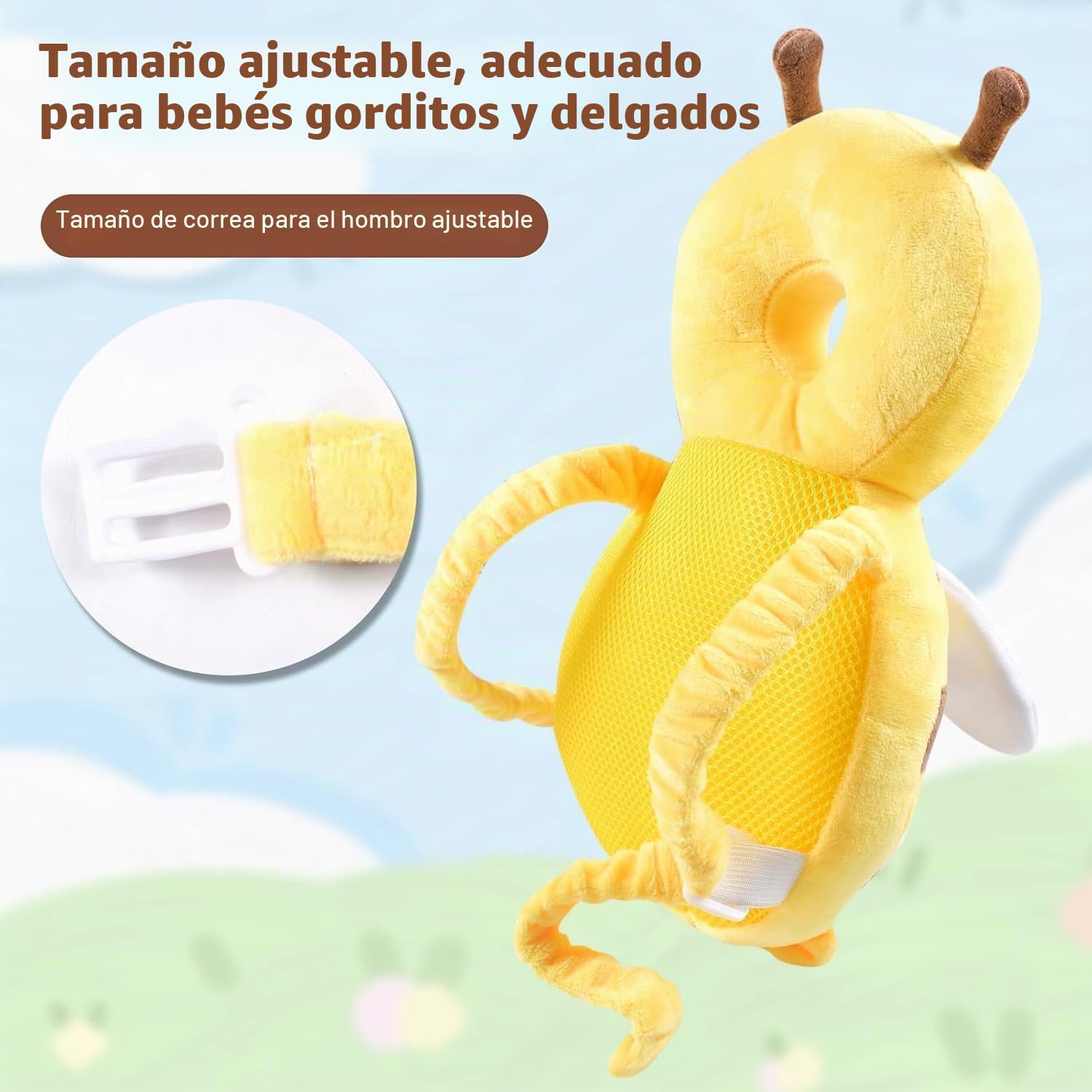 Protector de Cabeza para Bebe, Cojín Protector Seguridad Bebe con Rodilleras, Ajustable Almohada Protección Bebe, Protección para Cabeza y Espalda del Niños para Gatear y Caminar-Abeja