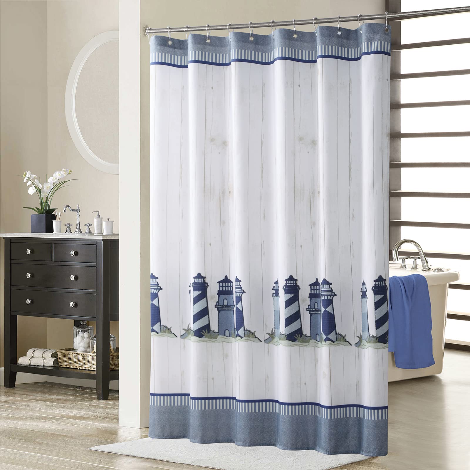 D DS CURTAIN Lighthouse Farmhouse Blue Sea Sailing White Printed Waterproof Polyester Fabric Modern Ocean Cloth Gray Stall Shower Curtain for Bathroom,Small 62" W x 72" H