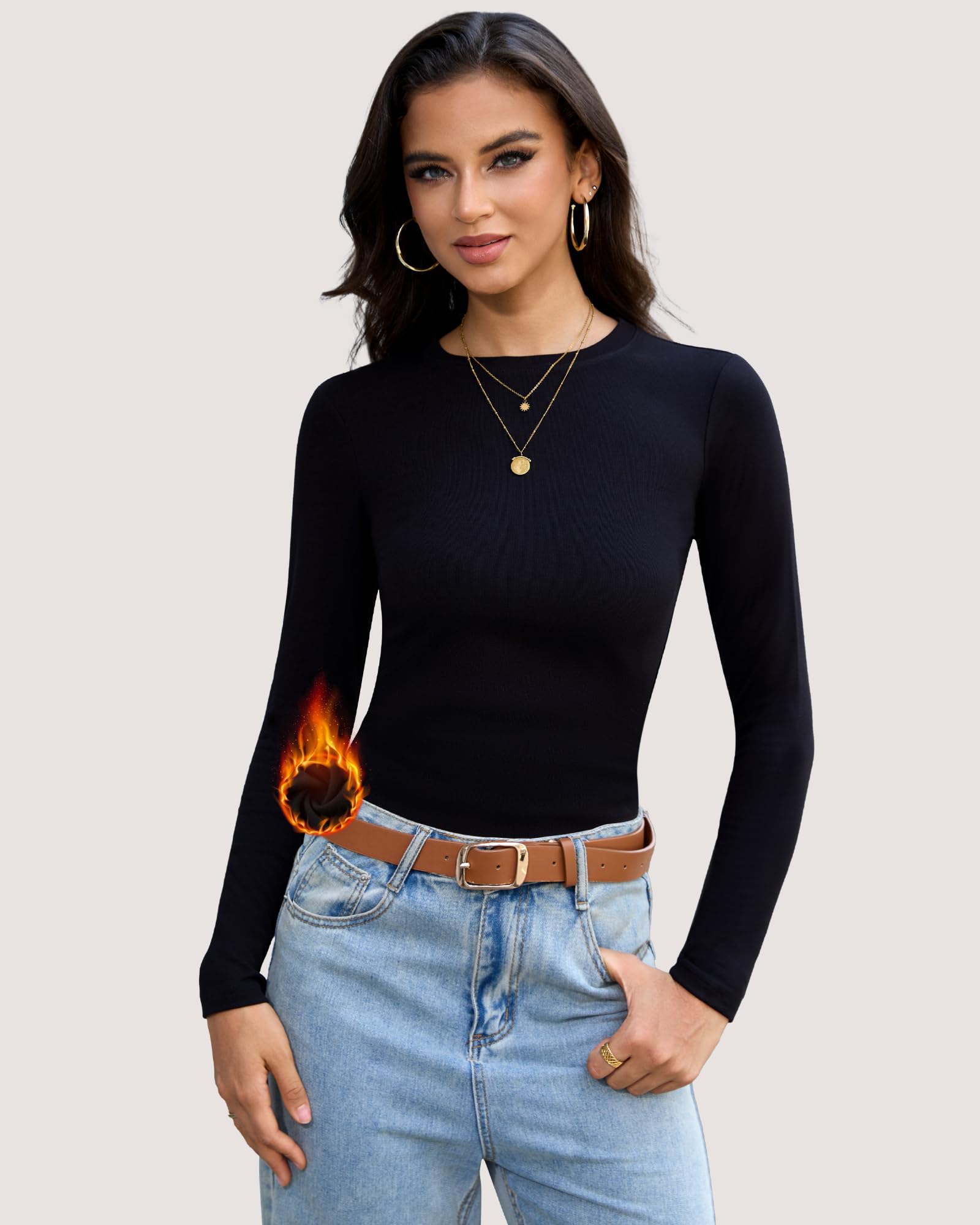 3/5 Pack Damen Thermo Langarmshirts Basic Shirts Fleece Gefütterte