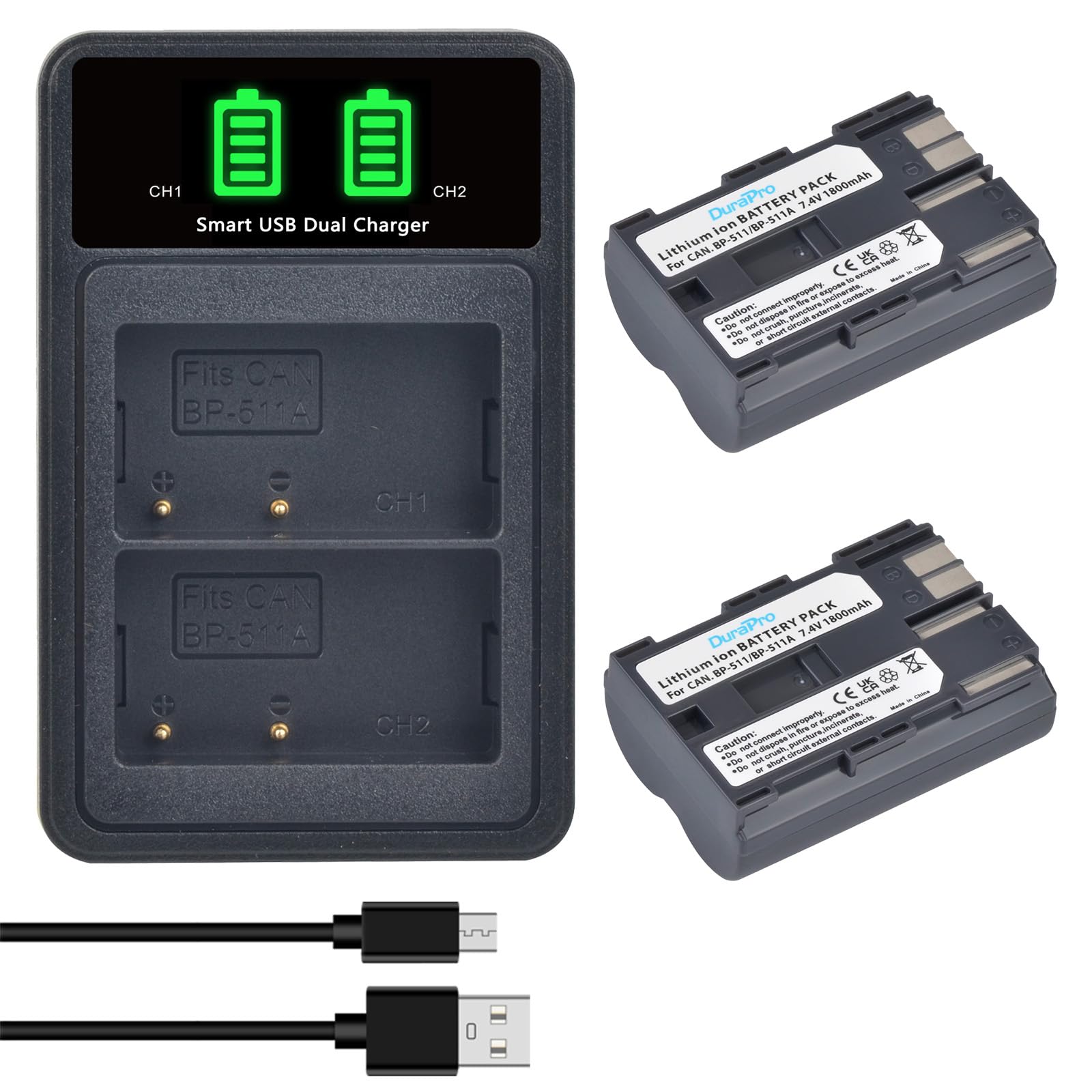DuraPro 2X BP-511A BP-511 BP 511 BP511 BP511A Battery + LCD Dual USB Charger for Canon EOS 5D 10D 20D 20Da 30D 40D 50D 300D PowerShot G1 G2 G3 G5 G6 Pro 1 Pro 90 Pro 90IS Cameras