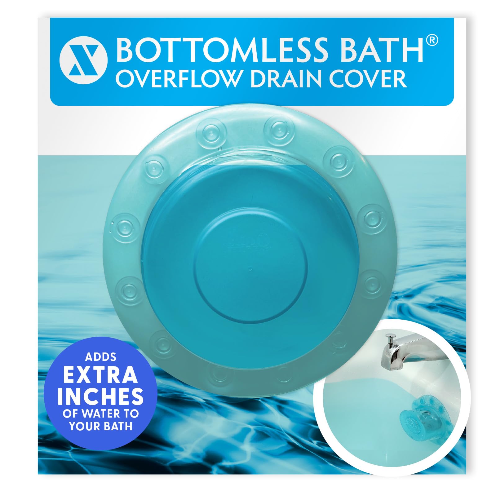 Bottomless Bath, Essential Overflow Drain Cover for Bathtub, Best Bath Accessories for Women, Adds Inches of Water to Your Tub for Deeper Soak, 4" Diameter, Aqua