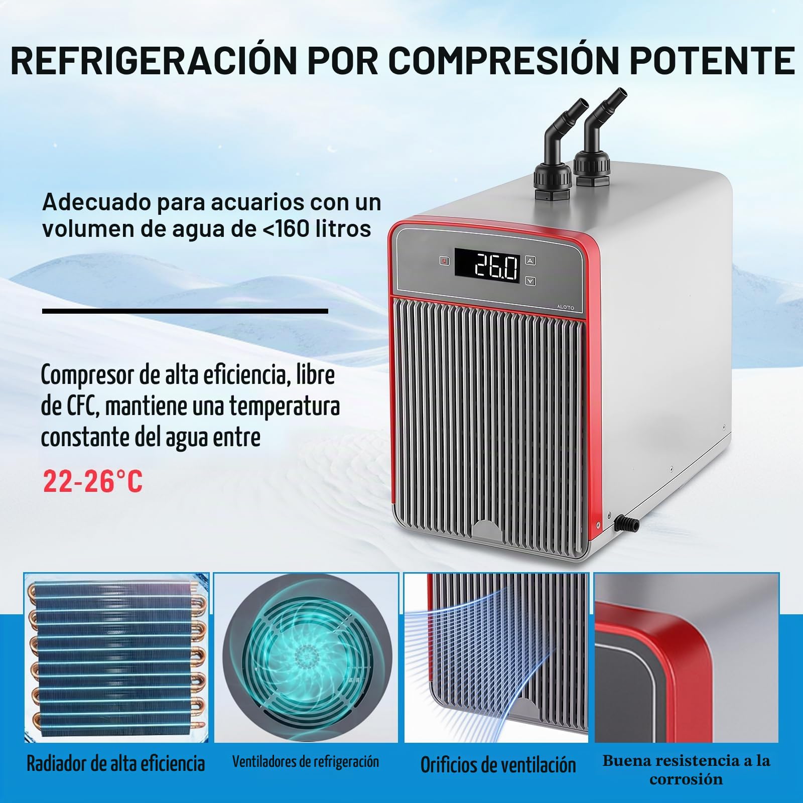 Enfriador Acuario de 160L, Enfriador de Acuario Adecuado para Peceras, Plantas Acuáticas, Medusas, Plantas Acuáticas de Agua Dulce/Salada, con Bomba, Manguera y Anillo de Fijación