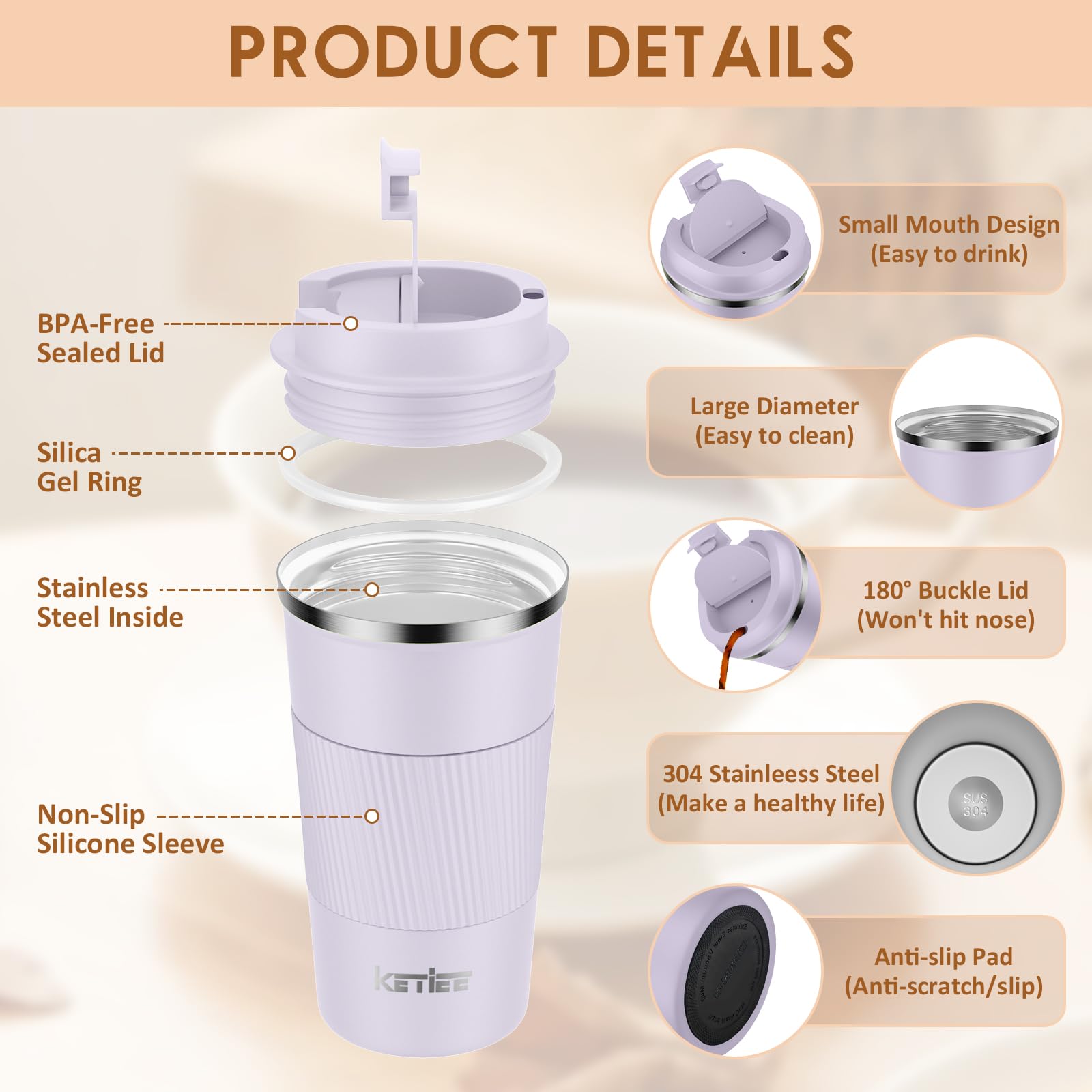 KETIEE Travel Mug Insulated Coffee Cup with Leakproof Lid, Reusable Travel Mug - Image 2