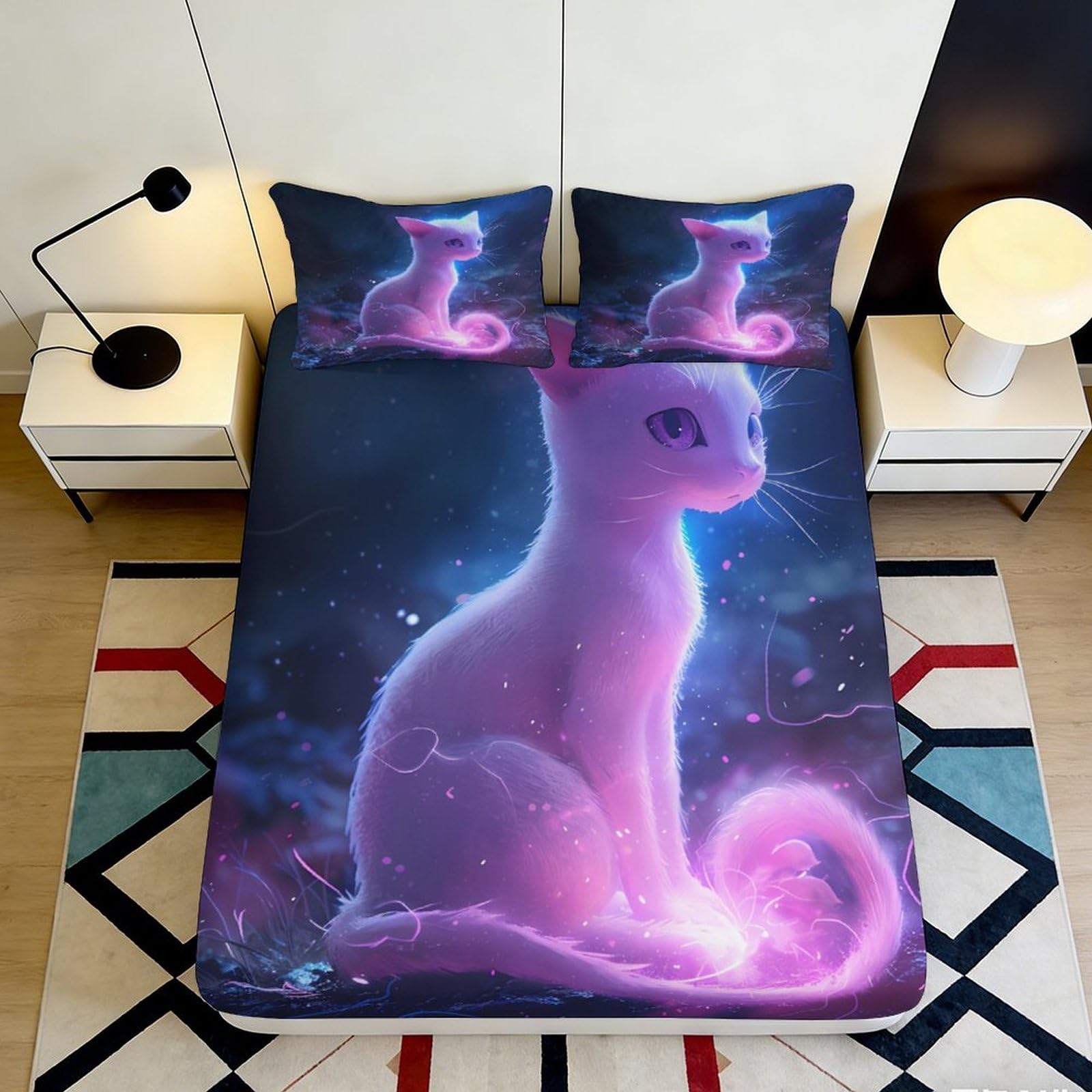 3D Printed Fantasy Cat Fitted Sheet Microfiber Soft Breathable Cosmic Nebula Mattress Cover for Bedroom Dorm Decor 90x200x25cm