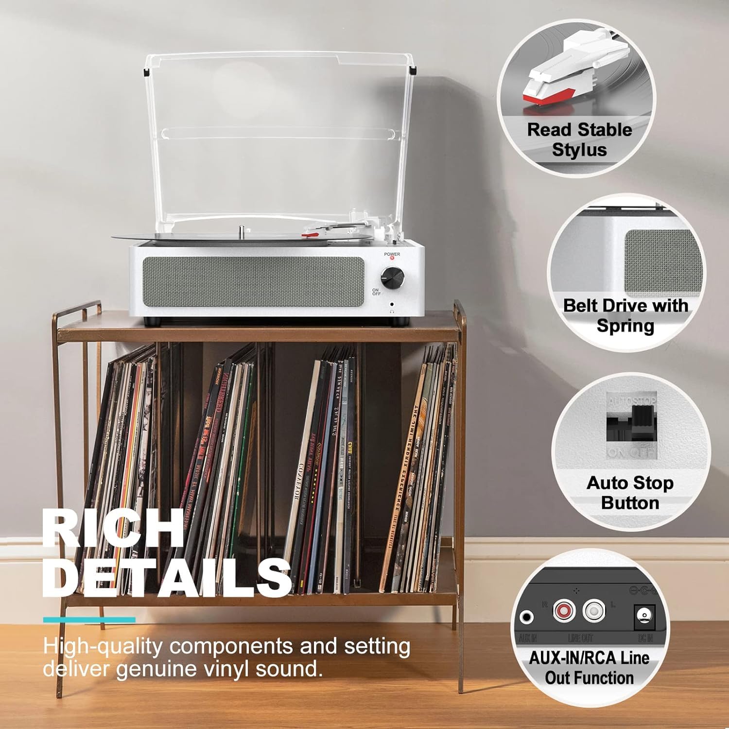 Trynnay Giradischi con altoparlante in vinile, fonografo LP senza fili, con altoparlanti stereo incorporati, trasmissione a 3 marce, giradischi con altoparlanti, retro bianco