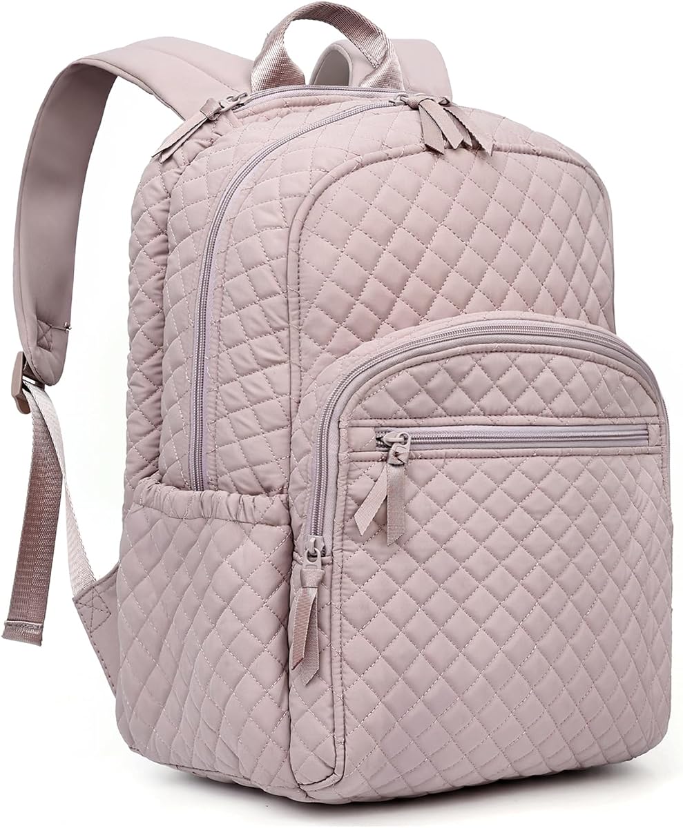 Mochila para mujer, mochila universitaria, mochila informal acolchada, mochila impermeable para portátil de 15,6 pulgadas (rosa polvo)