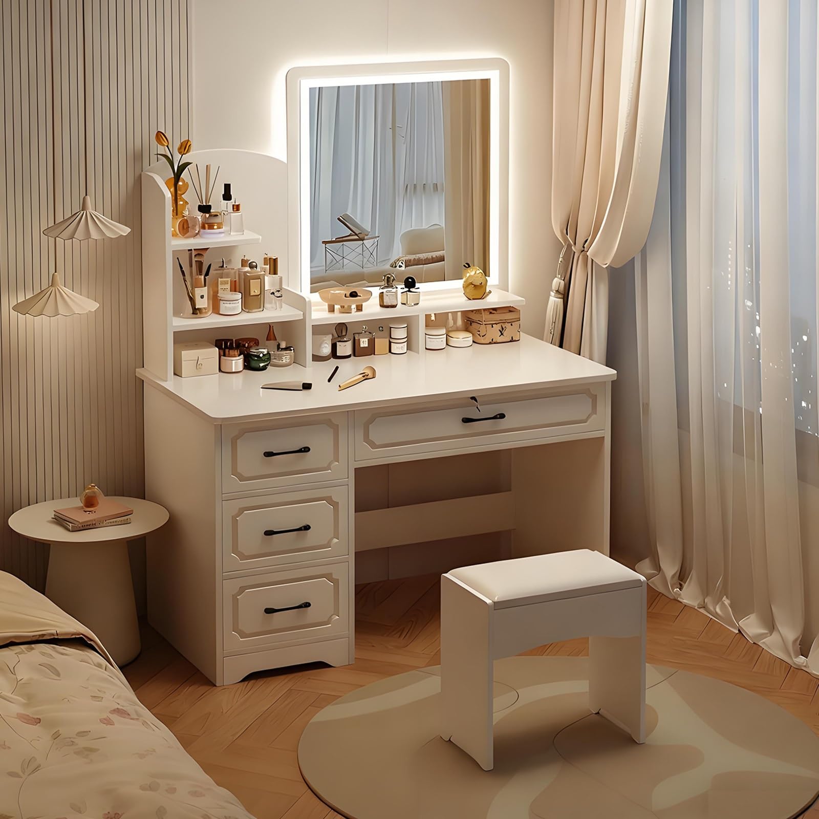 FURNMOIE Vanity Desk Small Vanity Table with Mirror and Lights, Makeup Table with 4 Drawers & Stool, Adjustable Lighting, Easy Assembly Suitable for use in bedrooms(White (Square))