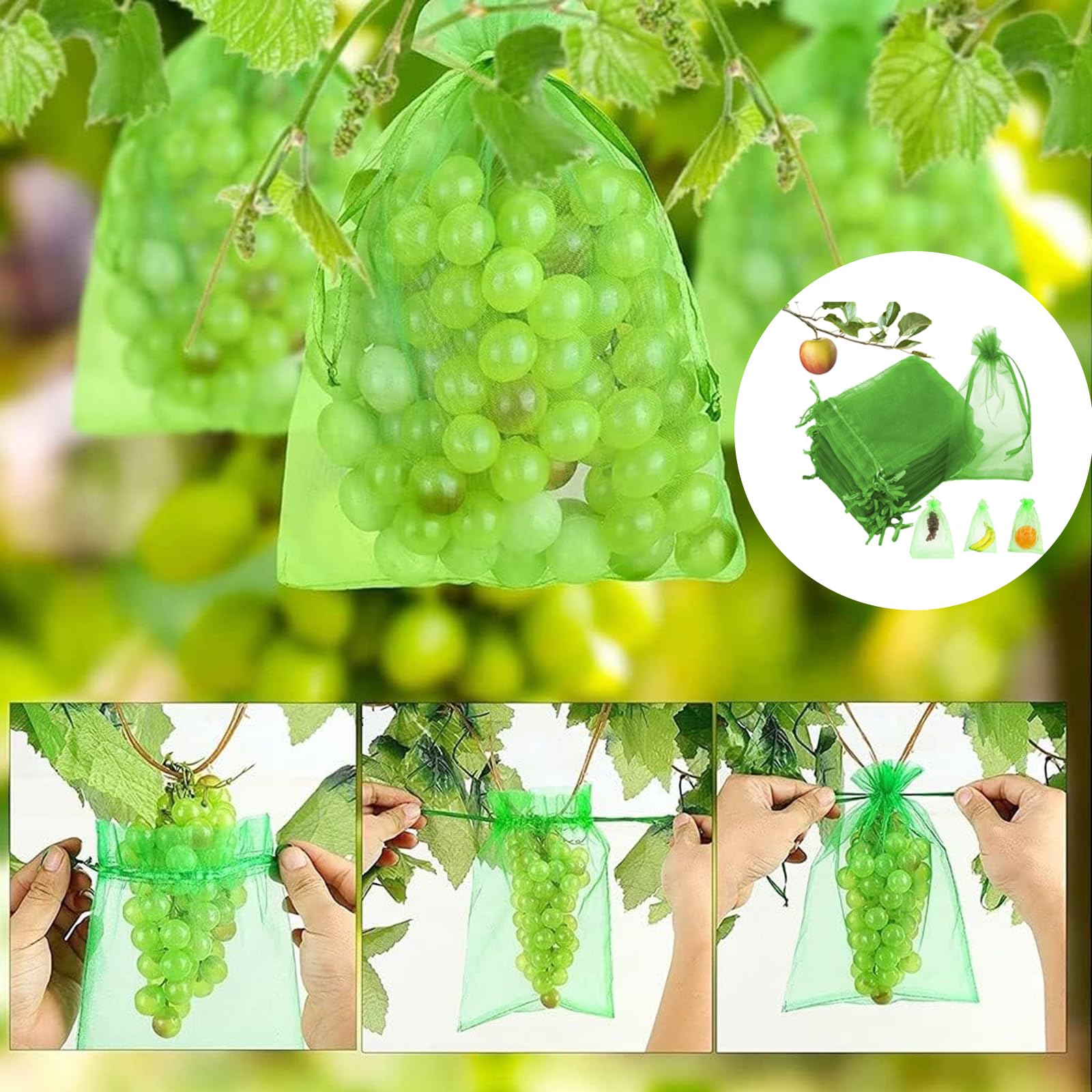 Xusxes100 Piezas Bolsa de Protección de Frutas de Red (20 x 30 cm) | Malla de Protección para Uvas, Bolsas para Uvas y Frutas con Cordón, Bolsas Protectoras contra Avispas, Pájaros e Insectos