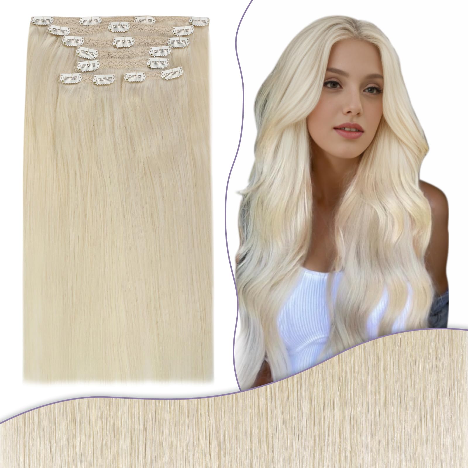 Fshine Platinum Blonde Human Hair Extensions Thick Double Weft Clip in Real Hair 135g 18 Inch 7Pcs, 1.clip#60, 18 inch-135g