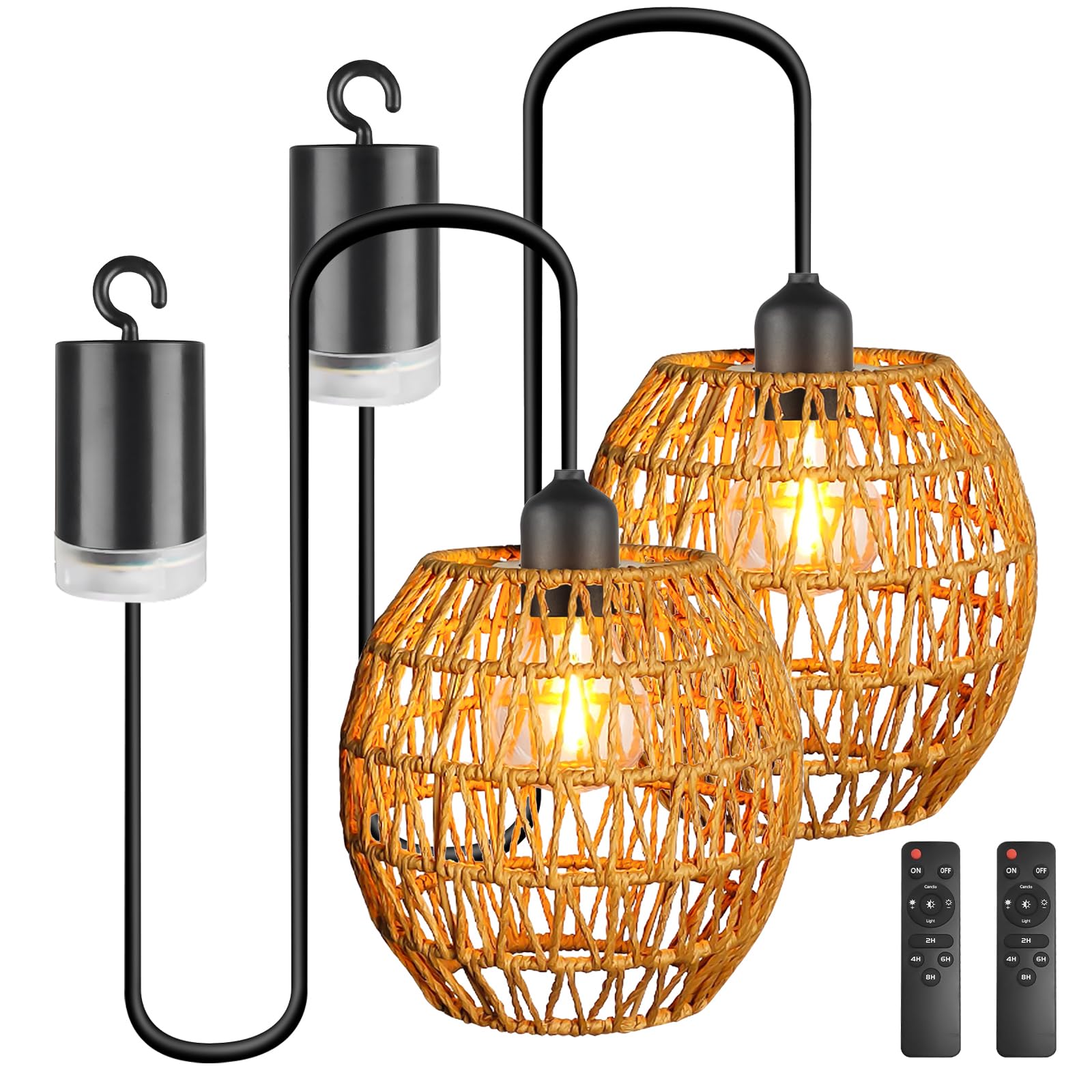 Lámpara colgante con batería 2 piezas, lámpara colgante con batería con mando a distancia, cesta de ratán, lámpara bohemia de cuerda de cáñamo, lámpara sin conexión de alimentación para patio, salón