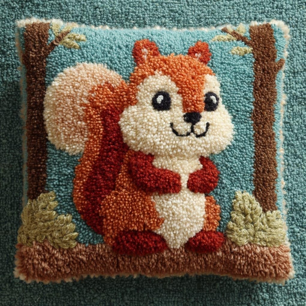 Henypt Easy Beginner Latch Hook Pillow Kit 43x43cm,Smiling Squirrel Needlework Cushion Set Pre-Printed Canvas and Tool Included,Simple Sofa Decor Project