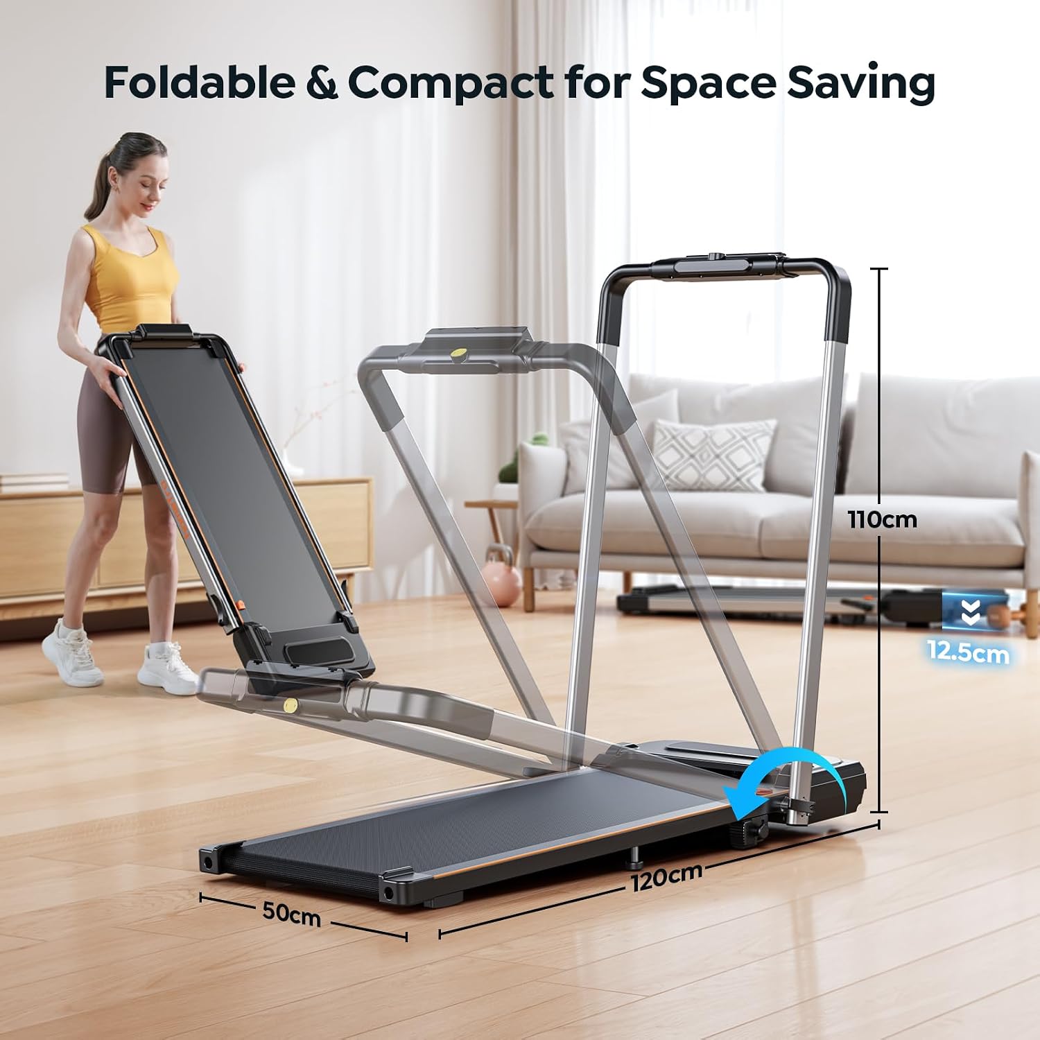 Image showing the HOMETRO walking pad being unfolded from a flat storage position to an upright position with the handrail extended.